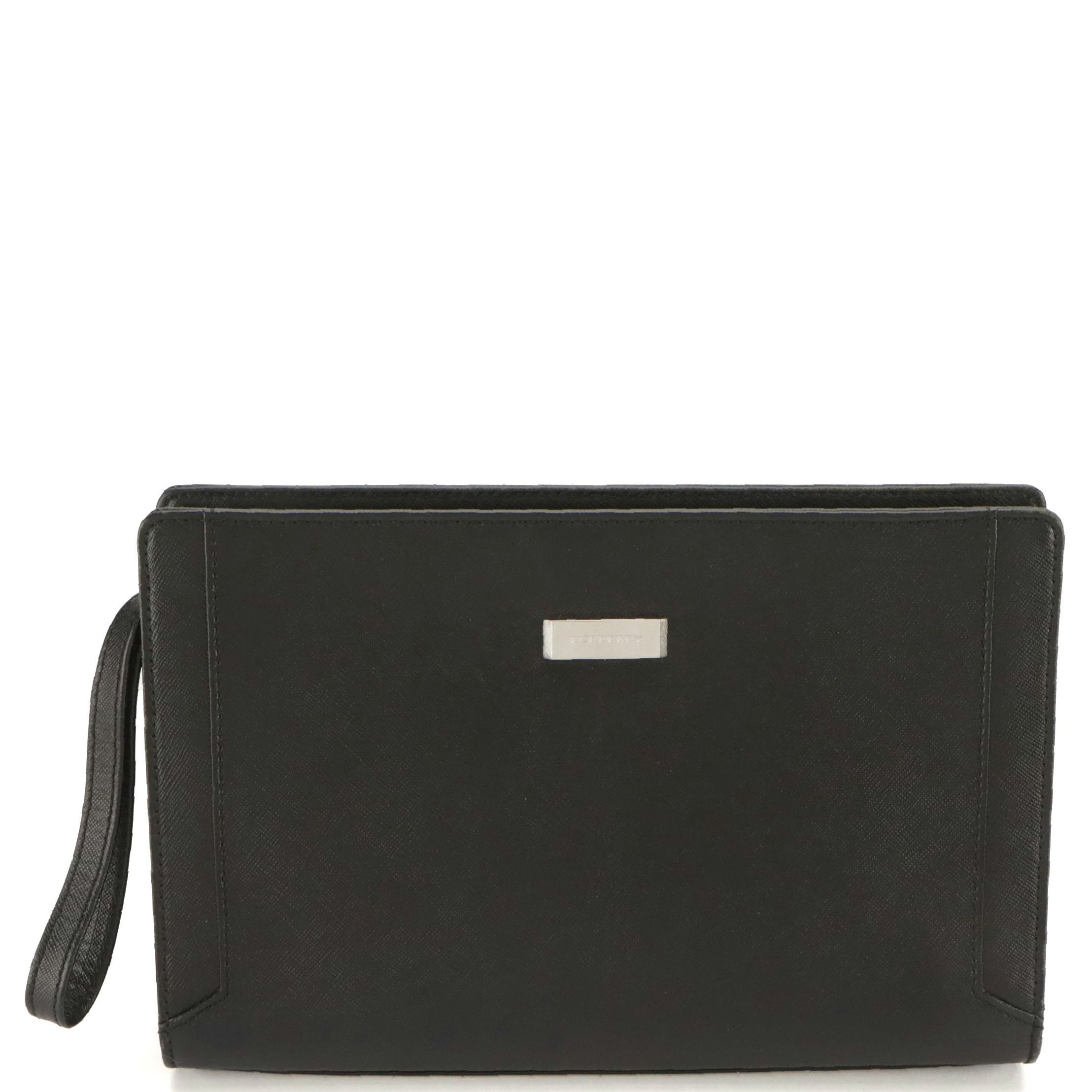Burberry Black Saffiano Leather Zip Wristlet Clutch with Box