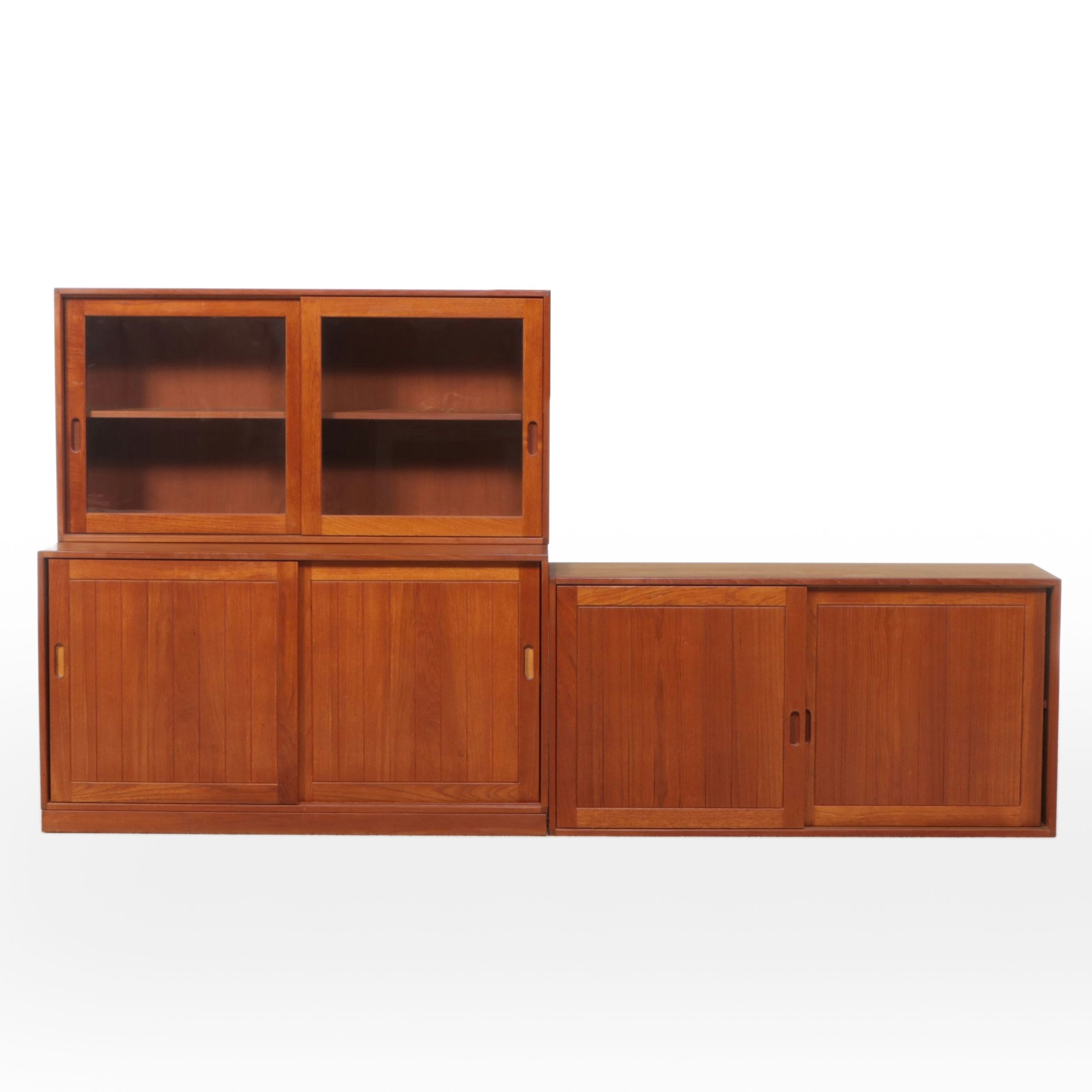 Danish Modern Teak Sliding Door Cabinets with Glass Front Hutch Top