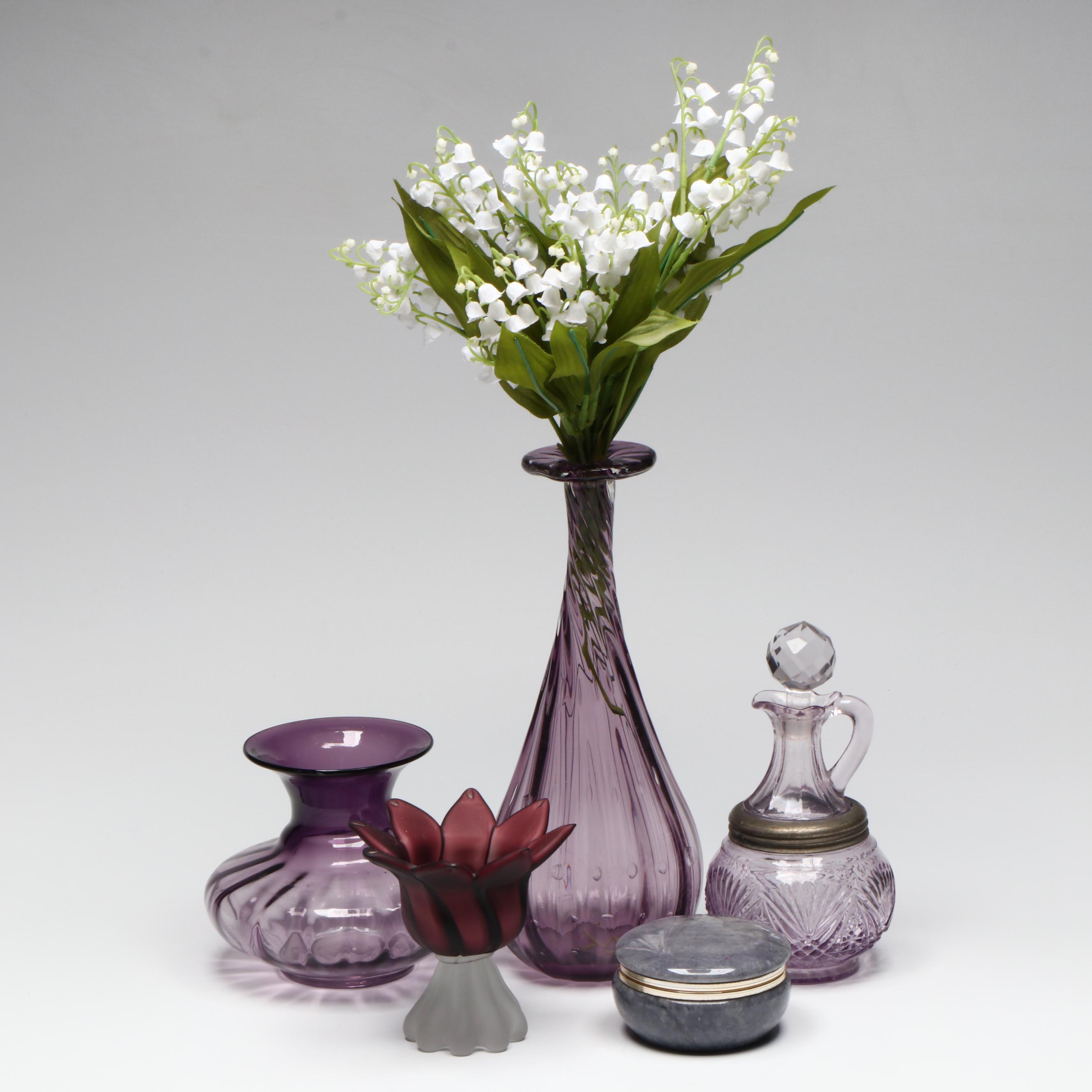 EAPG Sunned Purple Syrup Pitcher, Empoli Decanter, with Other Vases and Decor