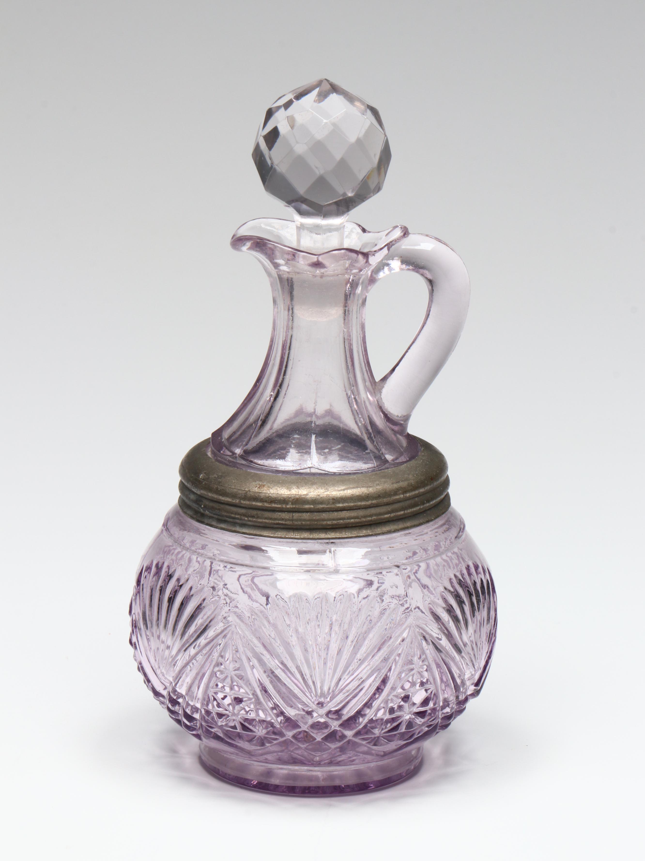 EAPG Sunned Purple Syrup Pitcher, Empoli Decanter, with Other Vases and Decor