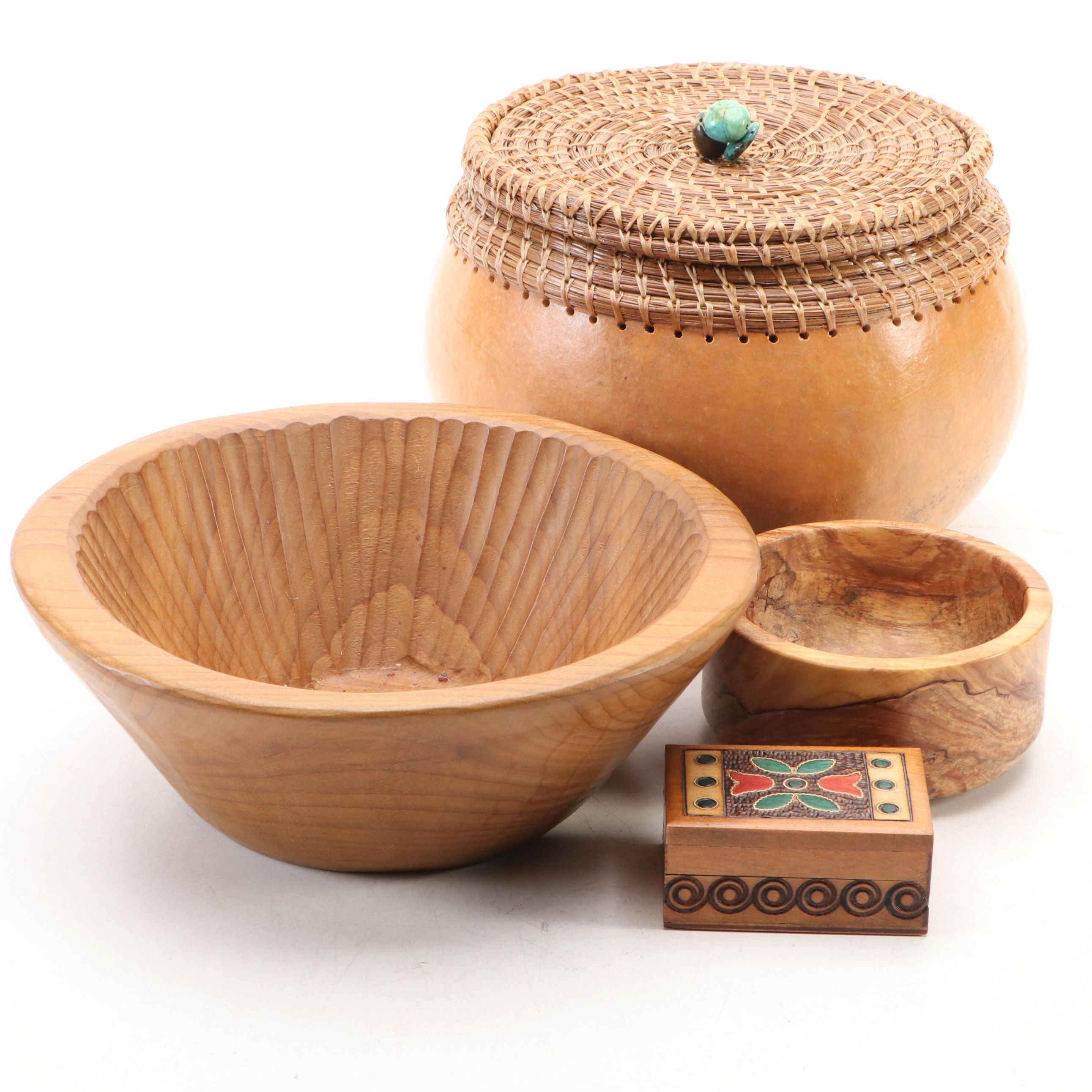 Lynn Horine Appalachian Style Gourd and Pine Needle Basket with Carved Wood Bowl