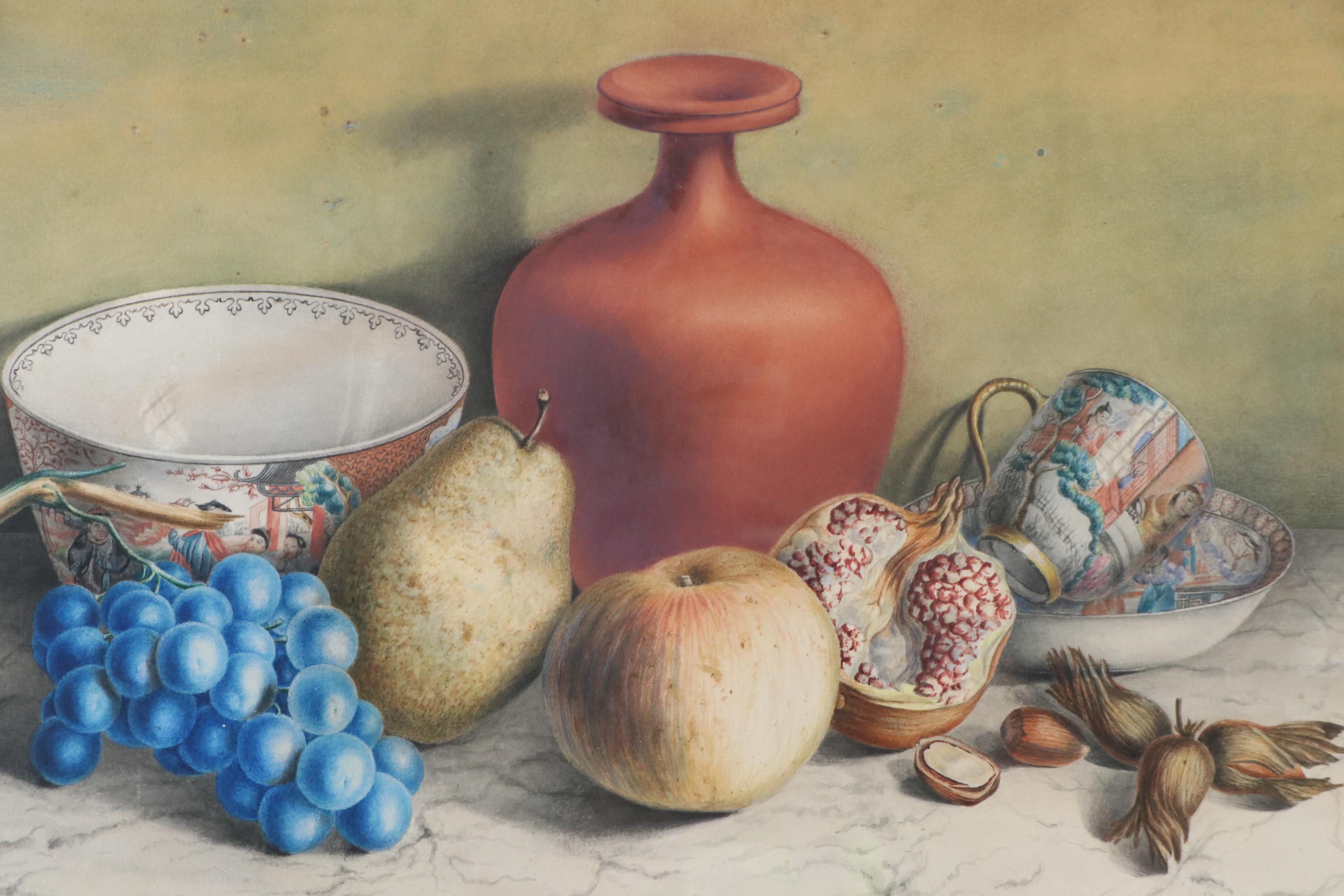 Still Life Watercolor Painting of Mid-20th Century Décor and Fruits, 1969