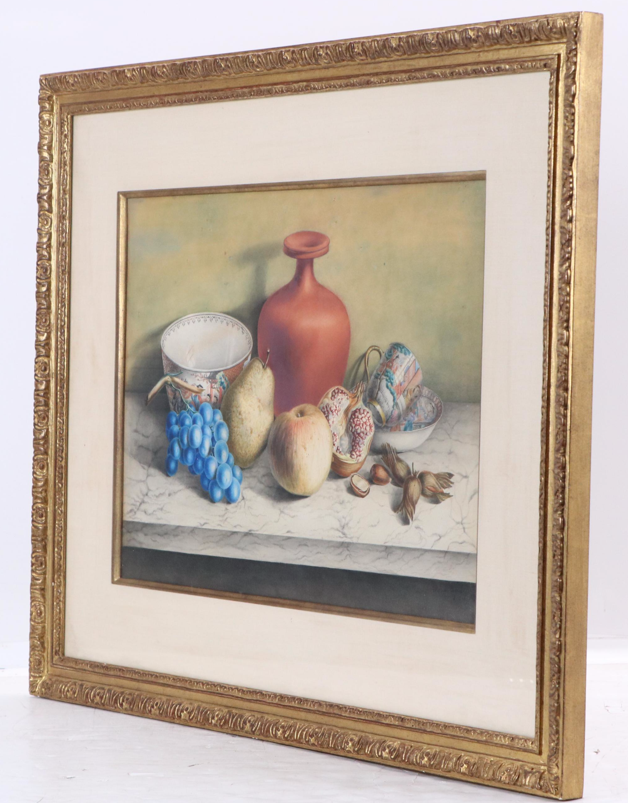 Still Life Watercolor Painting of Mid-20th Century Décor and Fruits, 1969