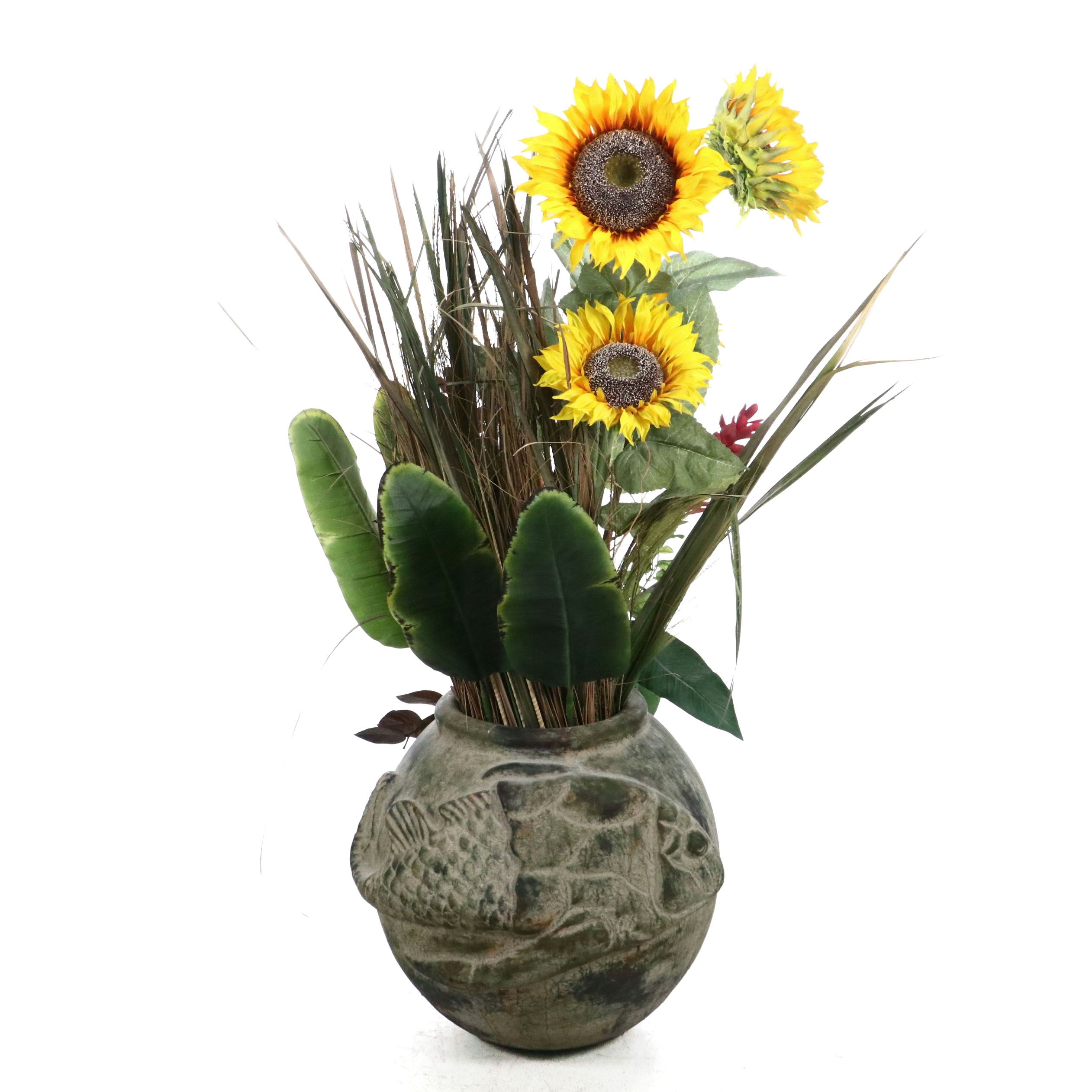 Artificial Sunflowers and Greenery in Ceramic Vase