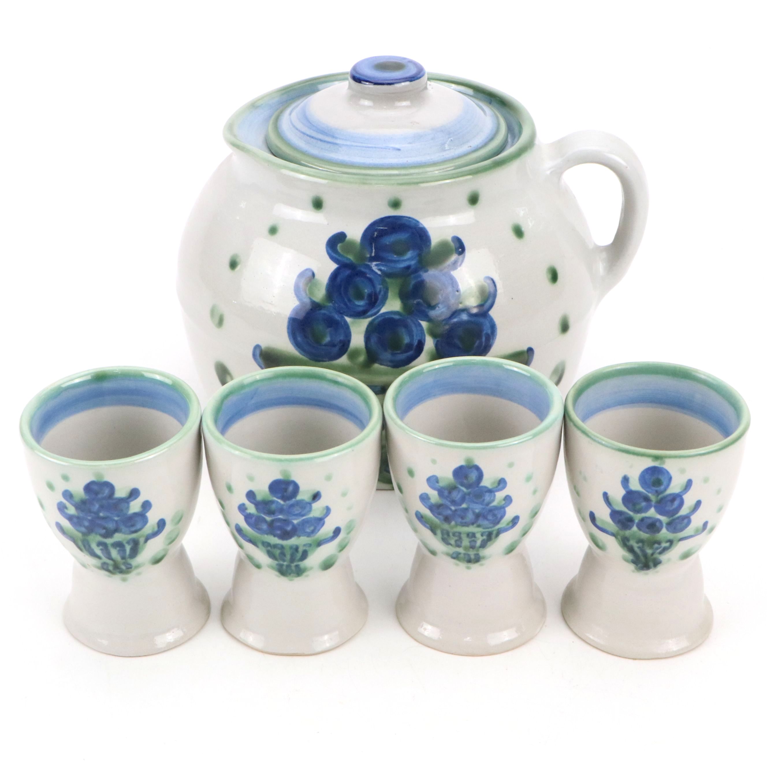 M.A. Hadley "Blueberry Bouquet" Stoneware Jug with Egg Cups
