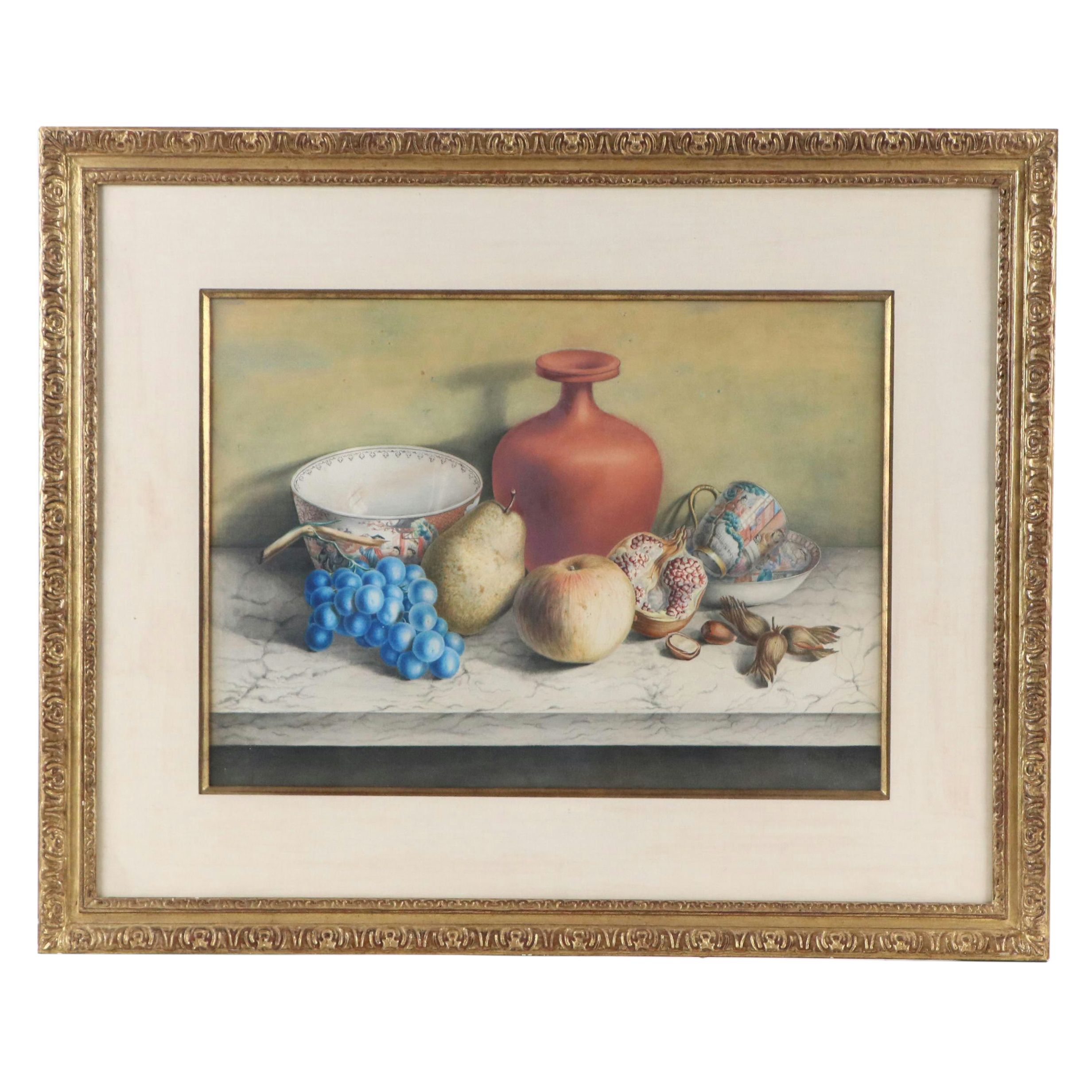 Still Life Watercolor Painting of Mid-20th Century Décor and Fruits, 1969