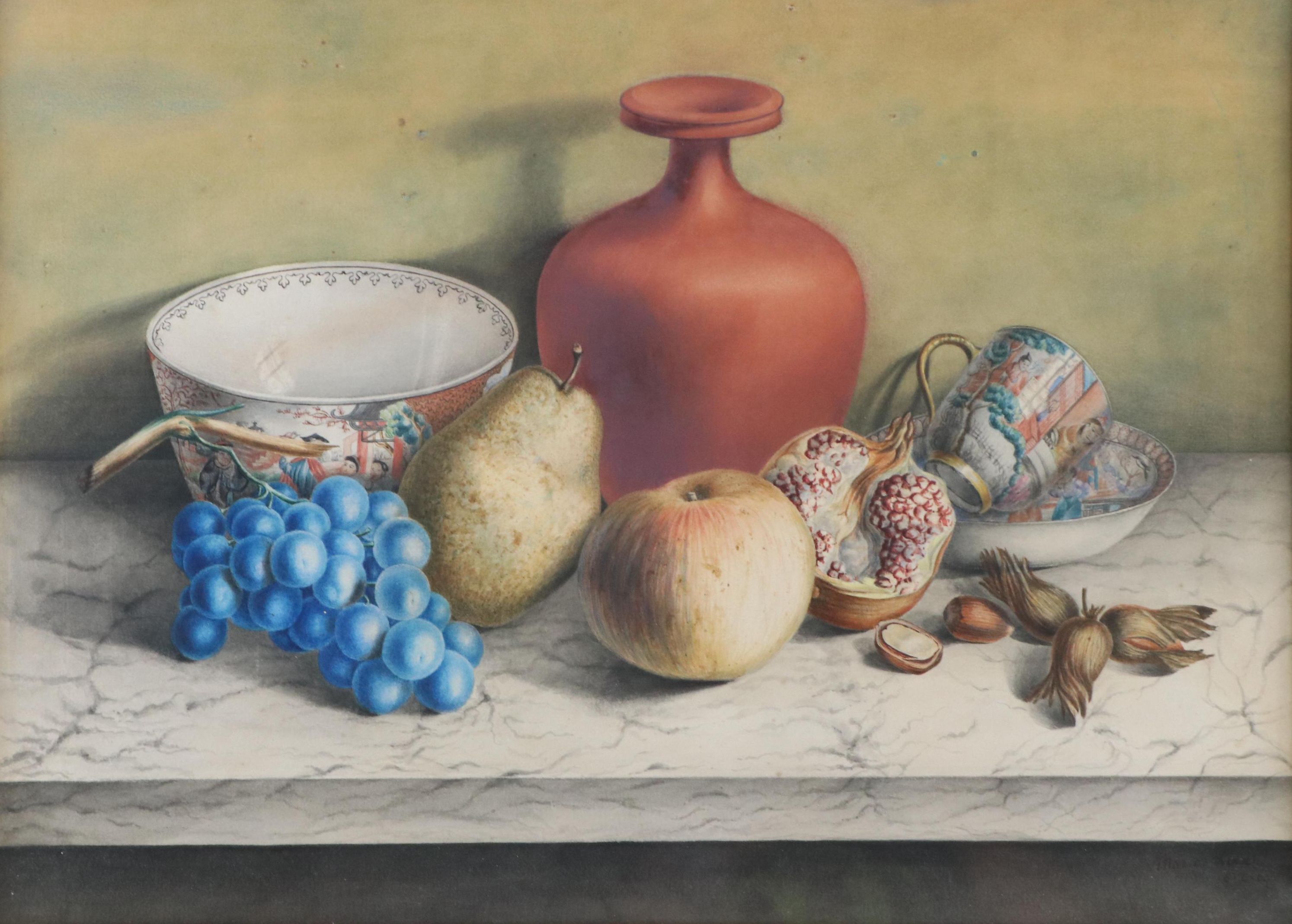 Still Life Watercolor Painting of Mid-20th Century Décor and Fruits, 1969