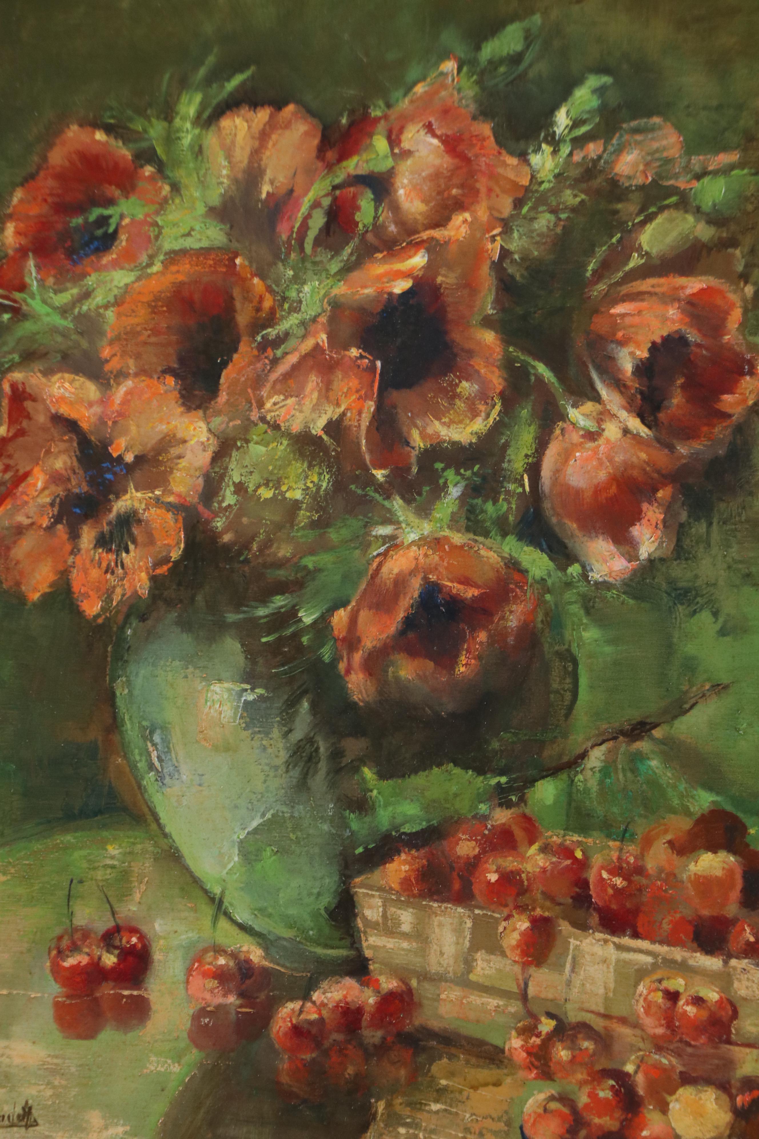 Still Life Impasto Oil Painting of Poppies and Cherries