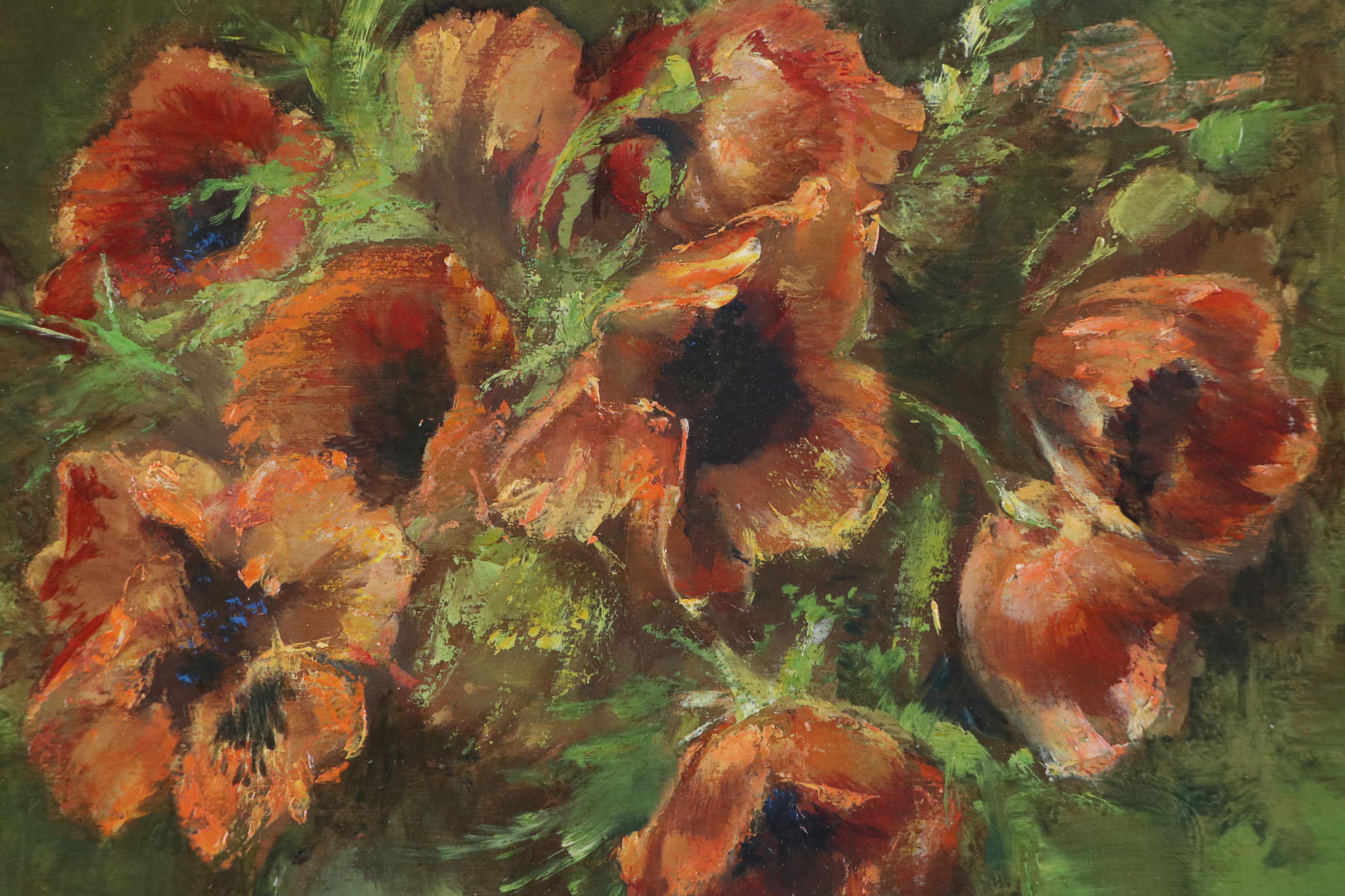 Still Life Impasto Oil Painting of Poppies and Cherries