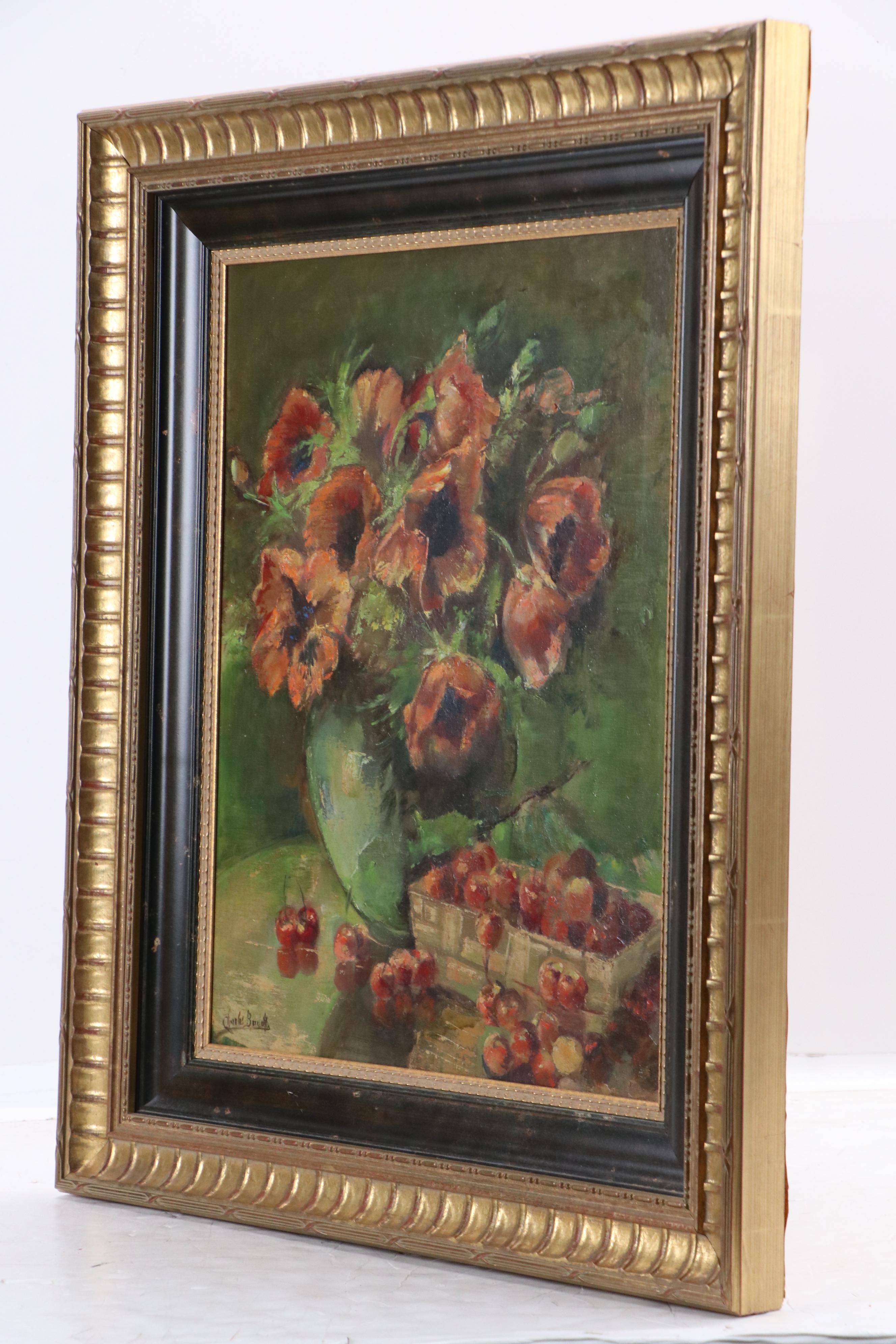Still Life Impasto Oil Painting of Poppies and Cherries