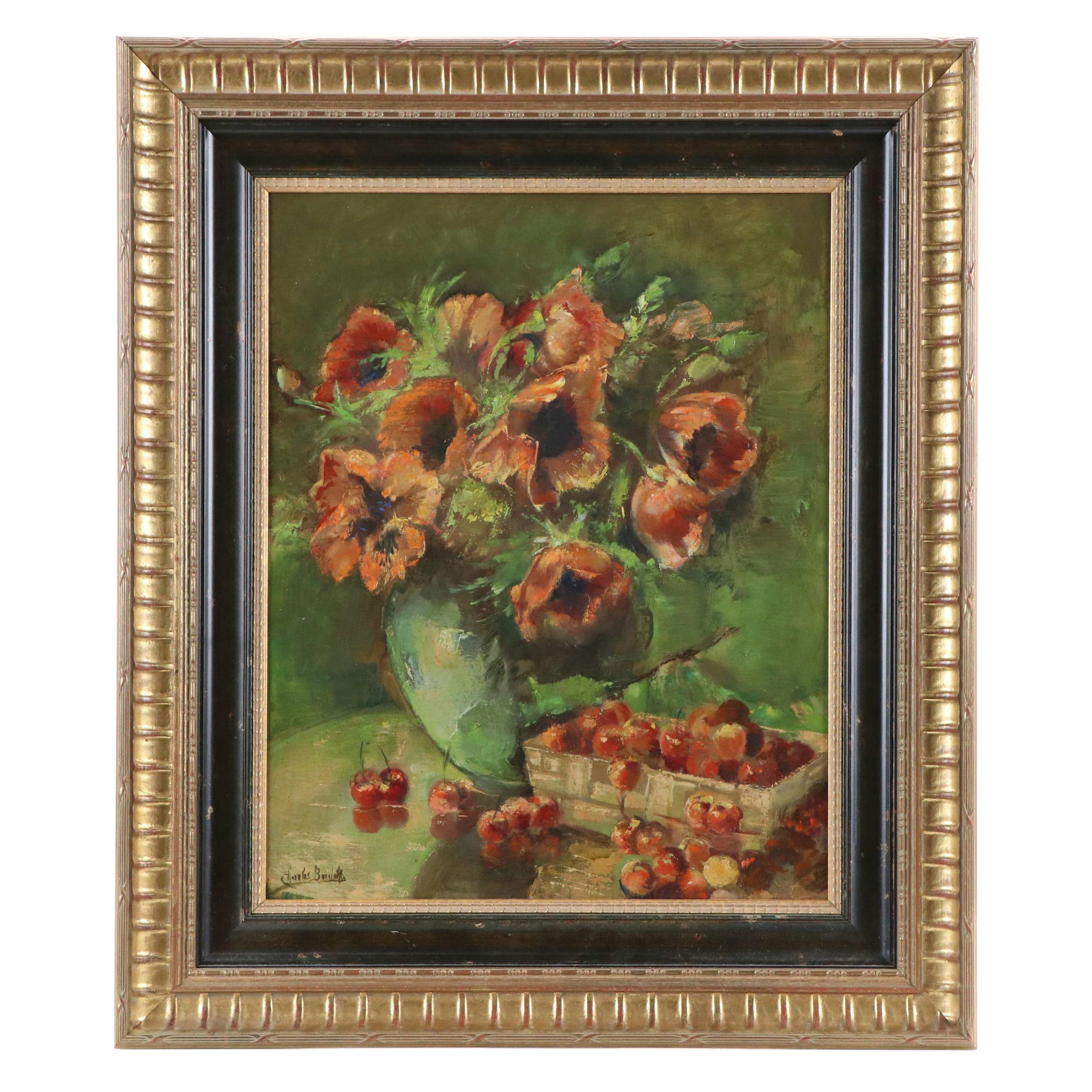 Still Life Impasto Oil Painting of Poppies and Cherries