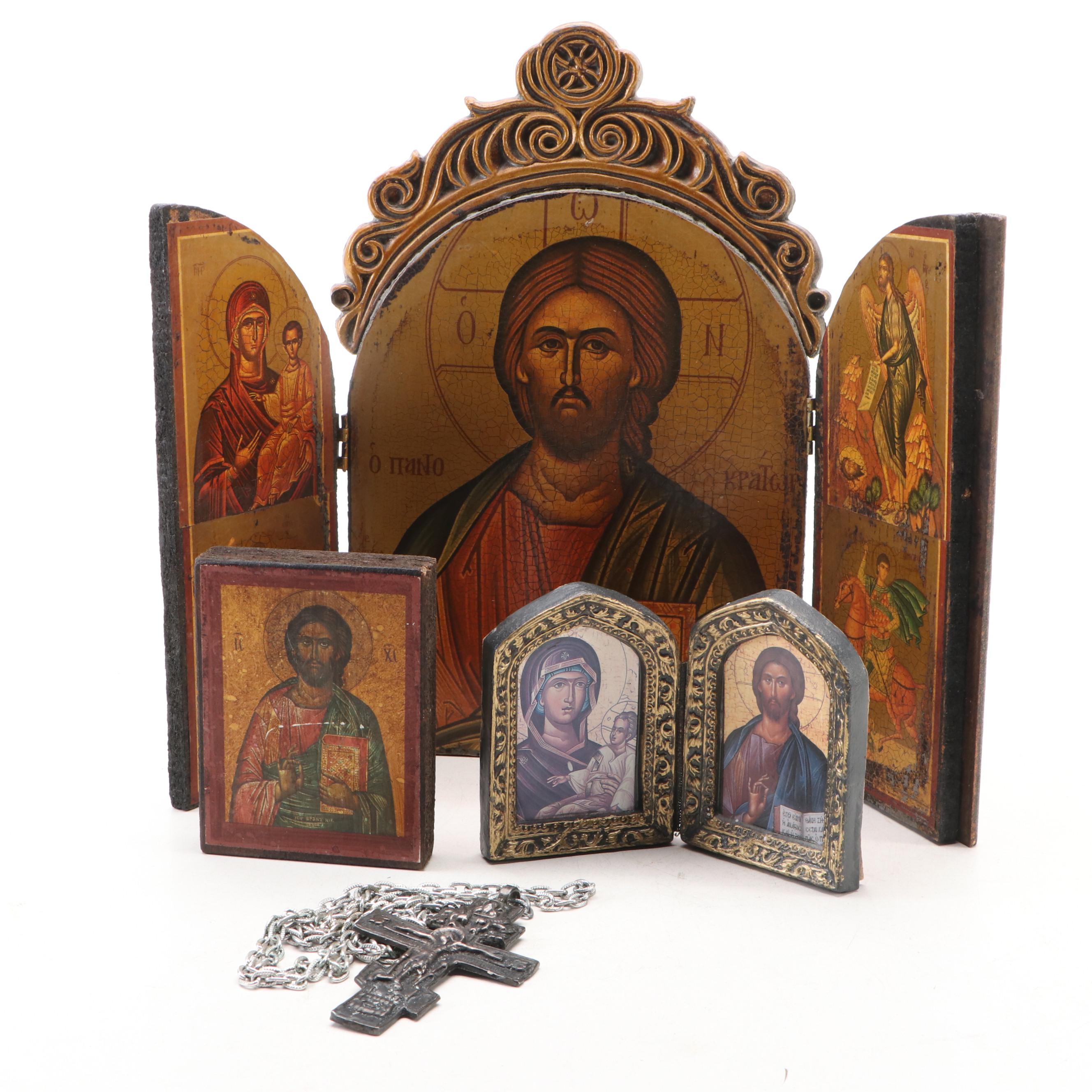 Eastern Orthodox Christian Wood Icons and Metal Crucifix Necklace
