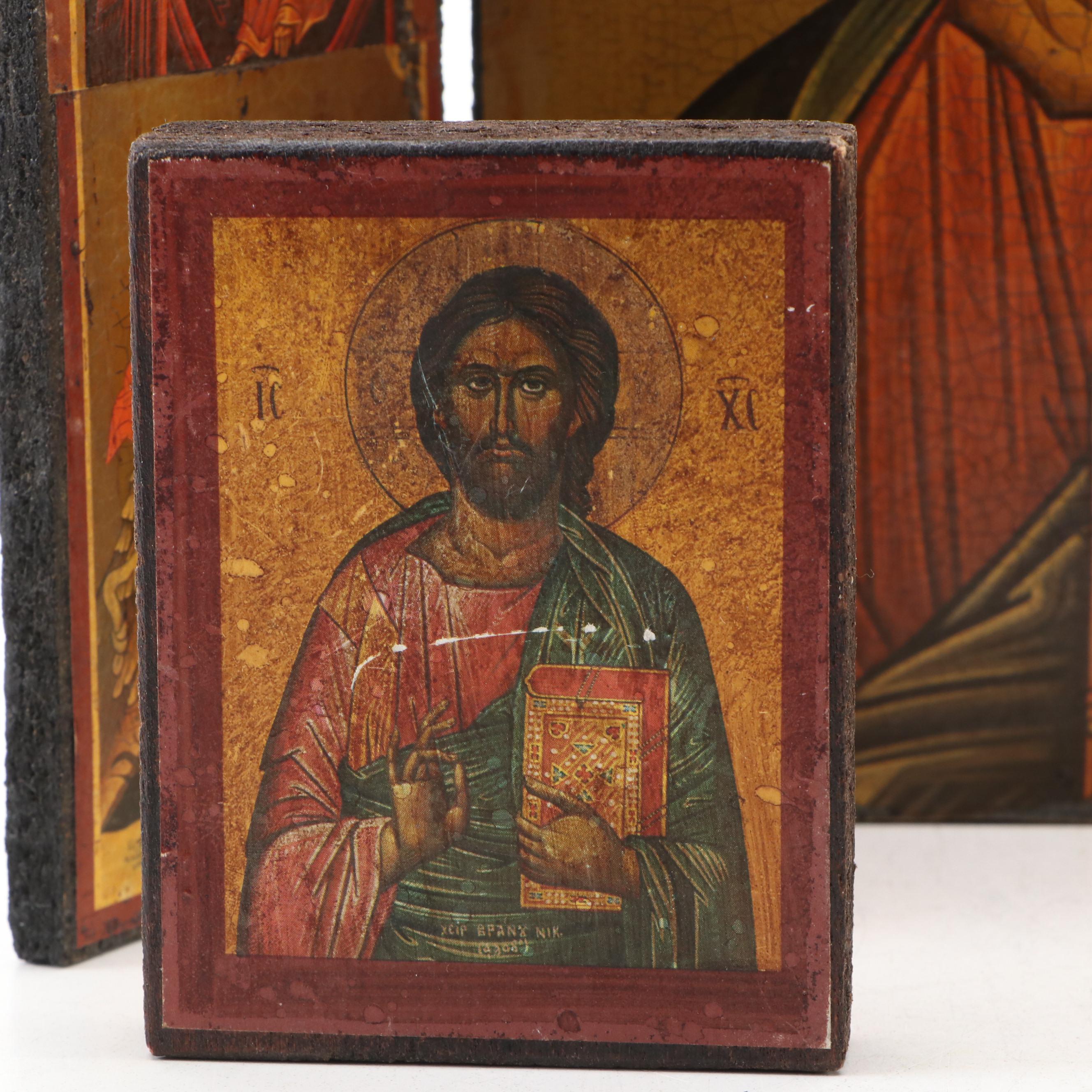 Eastern Orthodox Christian Wood Icons and Metal Crucifix Necklace