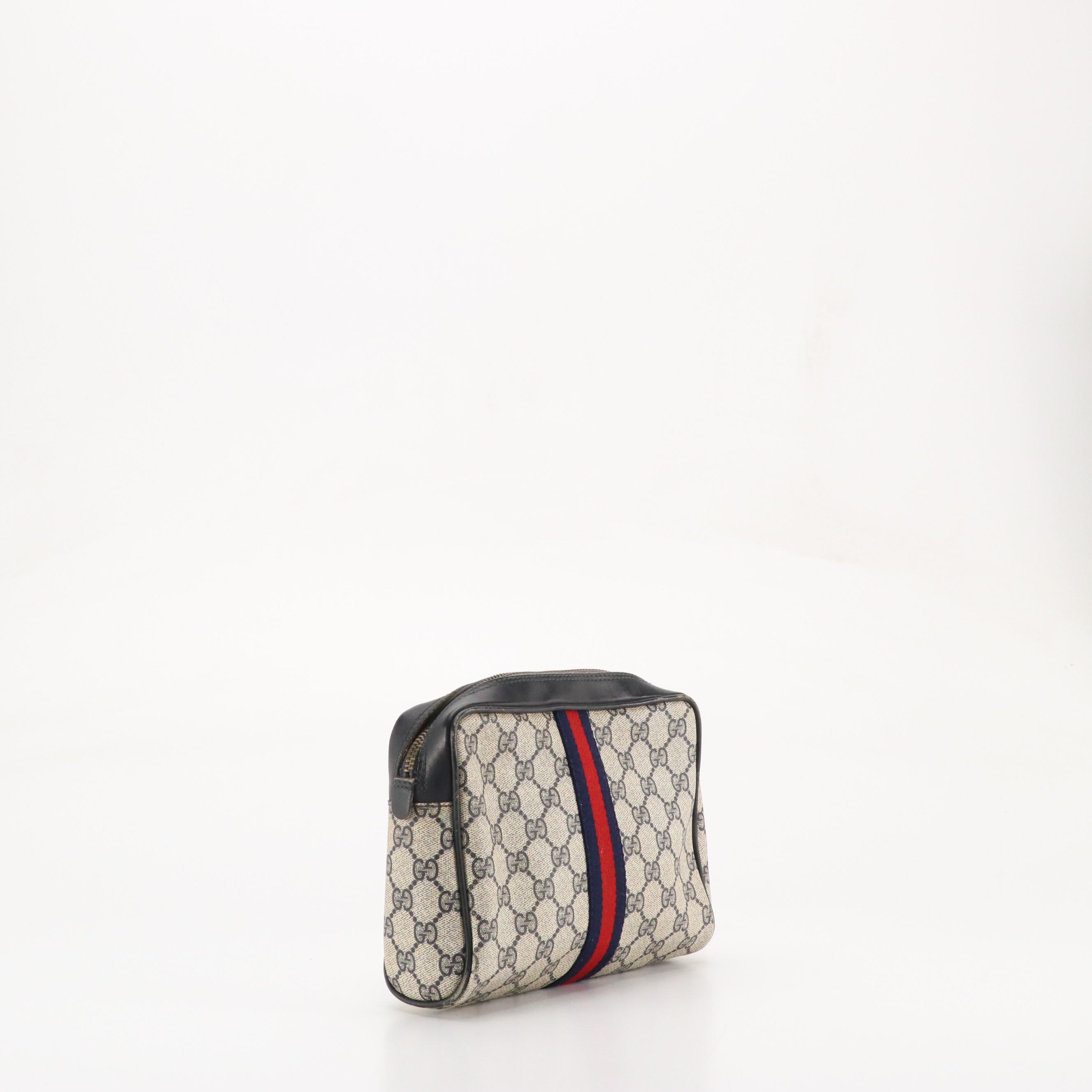 Gucci Parfums Vintage Web Striped Zip Pouch in GG Supreme Canvas & Navy Leather