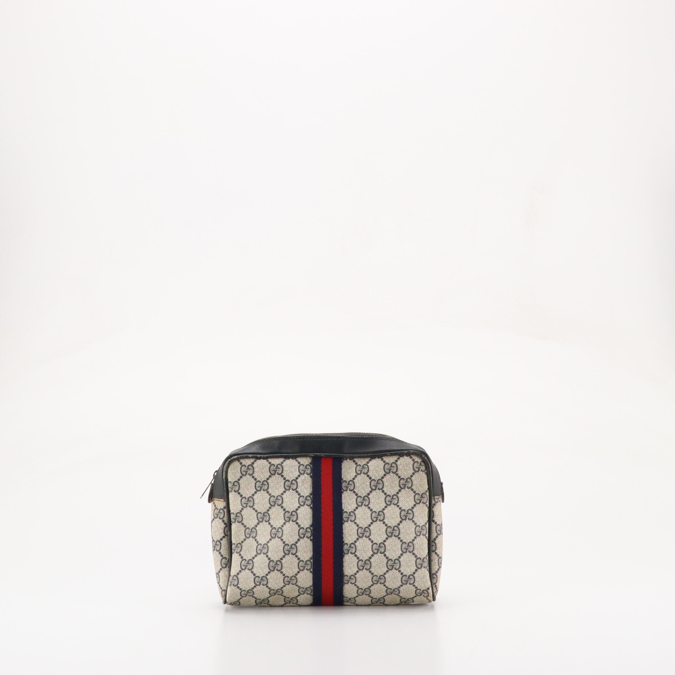 Gucci Parfums Vintage Web Striped Zip Pouch in GG Supreme Canvas & Navy Leather