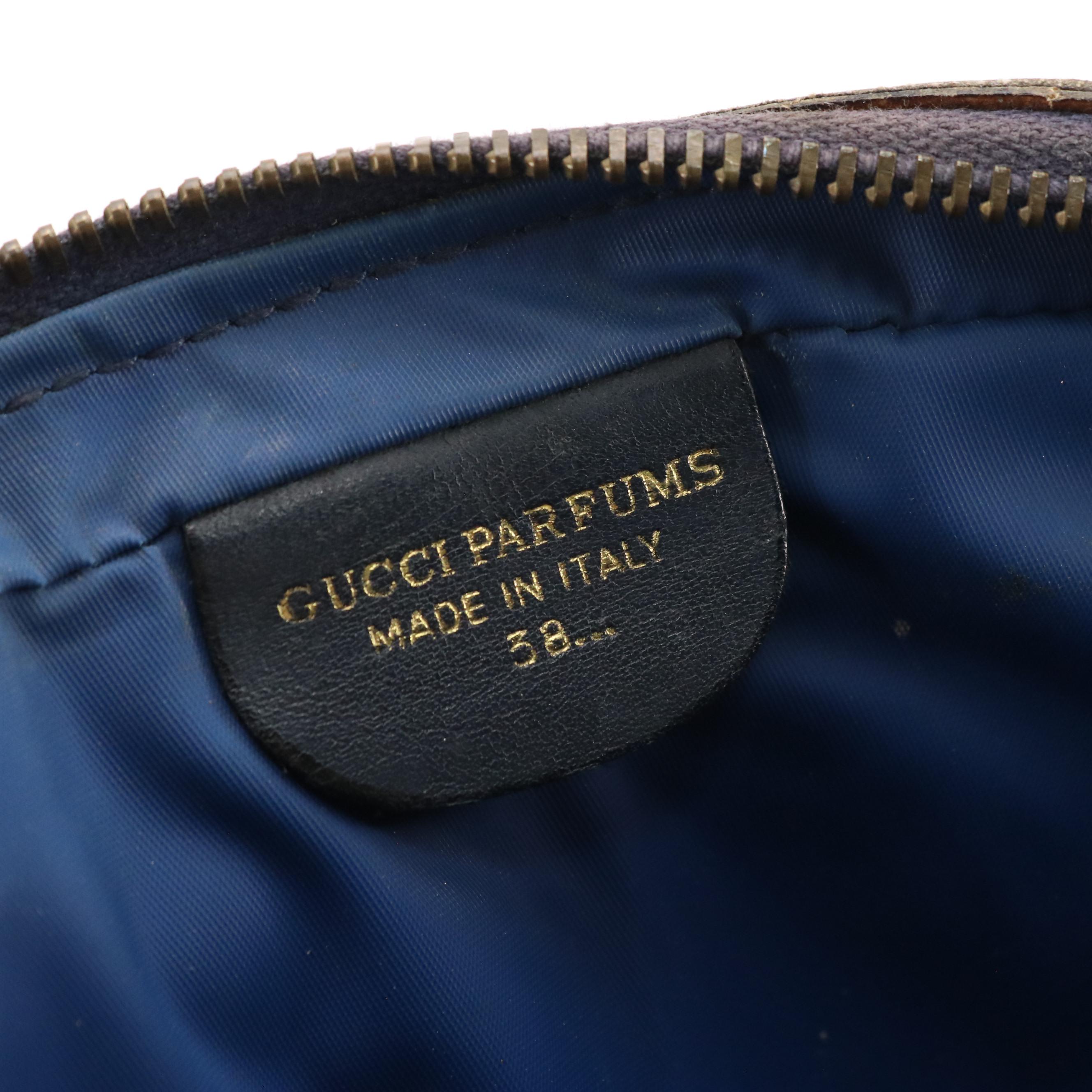 Gucci Parfums Vintage Web Striped Zip Pouch in GG Supreme Canvas & Navy Leather