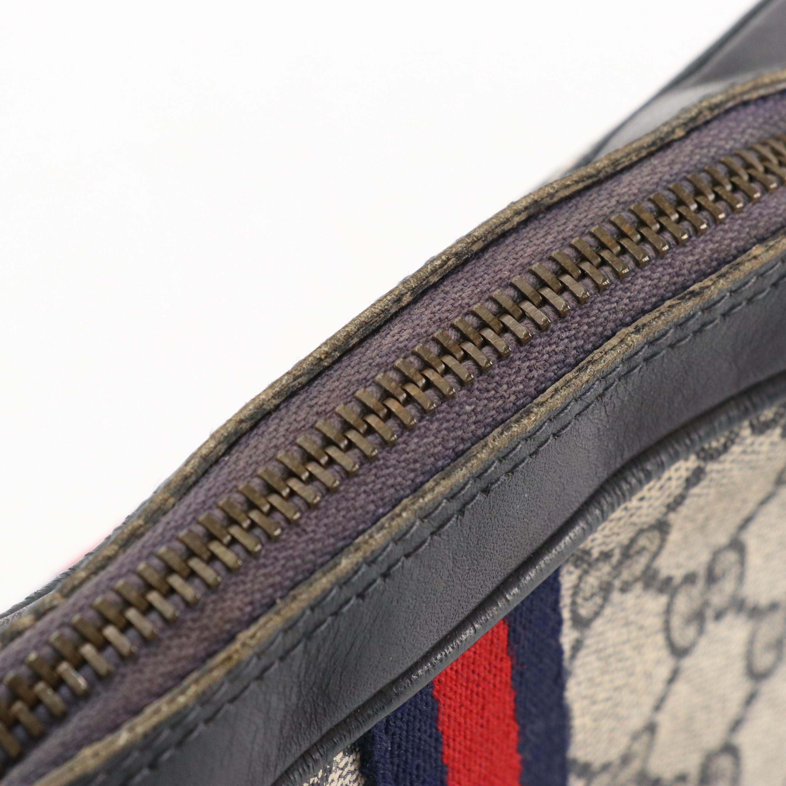 Gucci Parfums Vintage Web Striped Zip Pouch in GG Supreme Canvas & Navy Leather