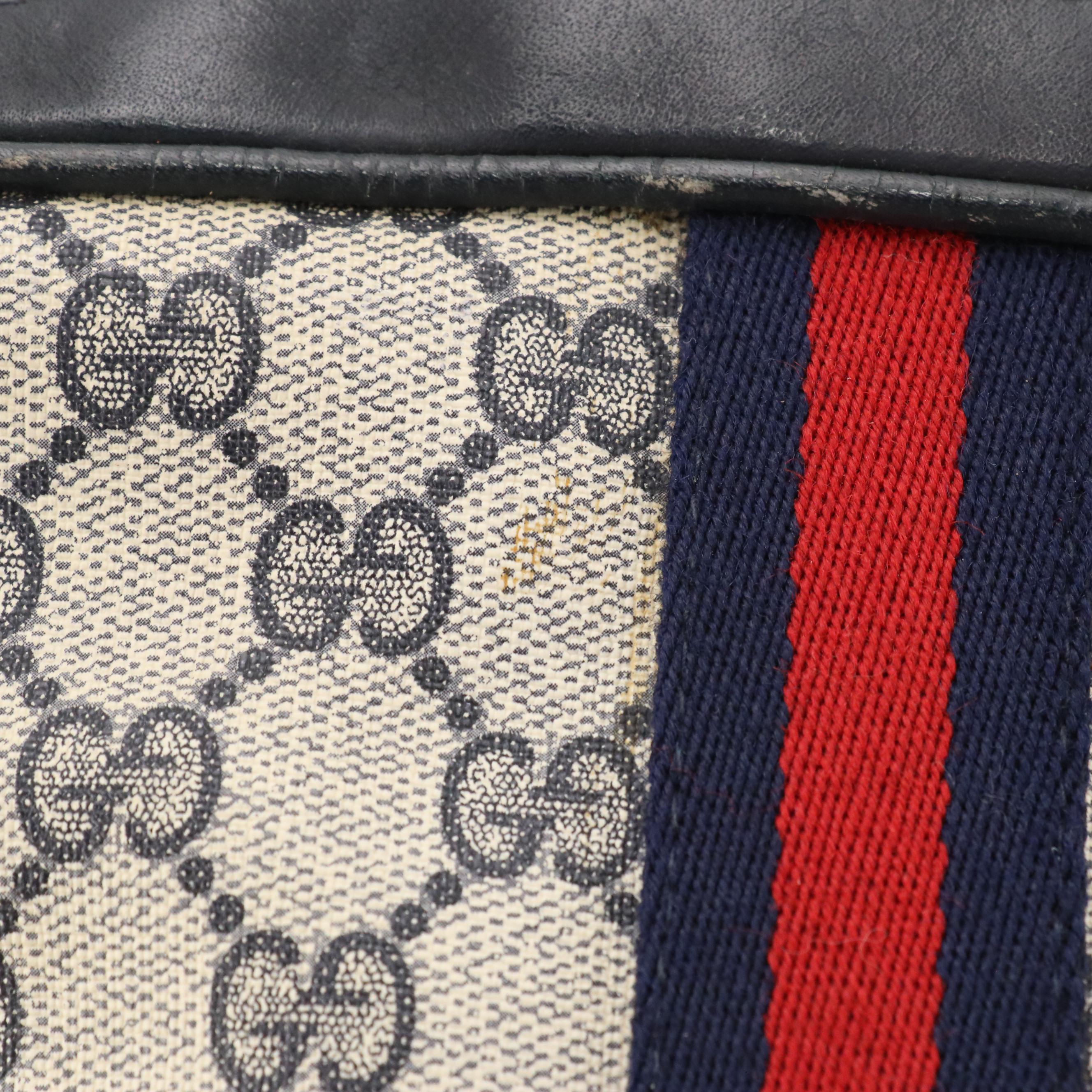 Gucci Parfums Vintage Web Striped Zip Pouch in GG Supreme Canvas & Navy Leather