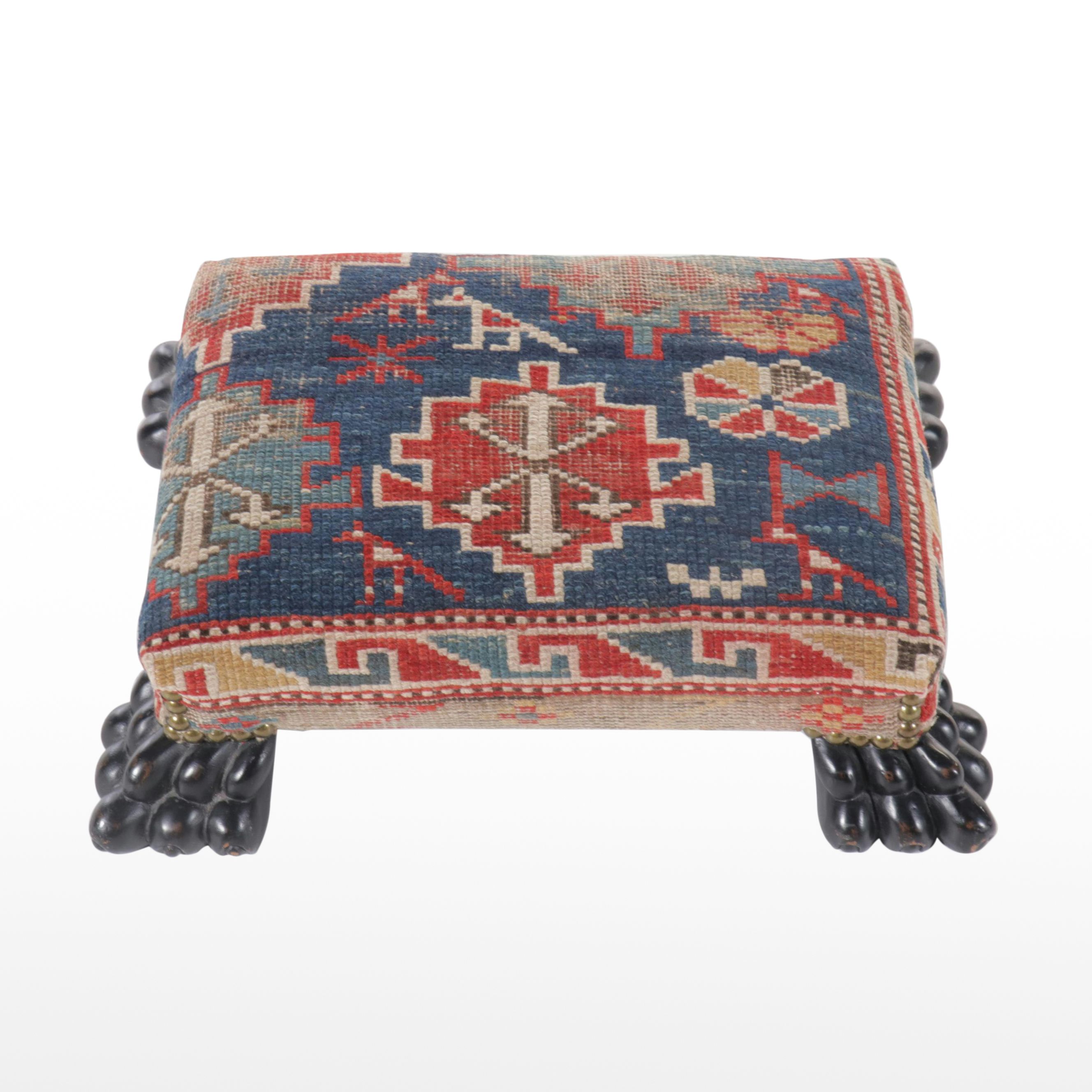 Hand-Knotted Caucasian Rug Upholstered Ebonized Wood Footstool