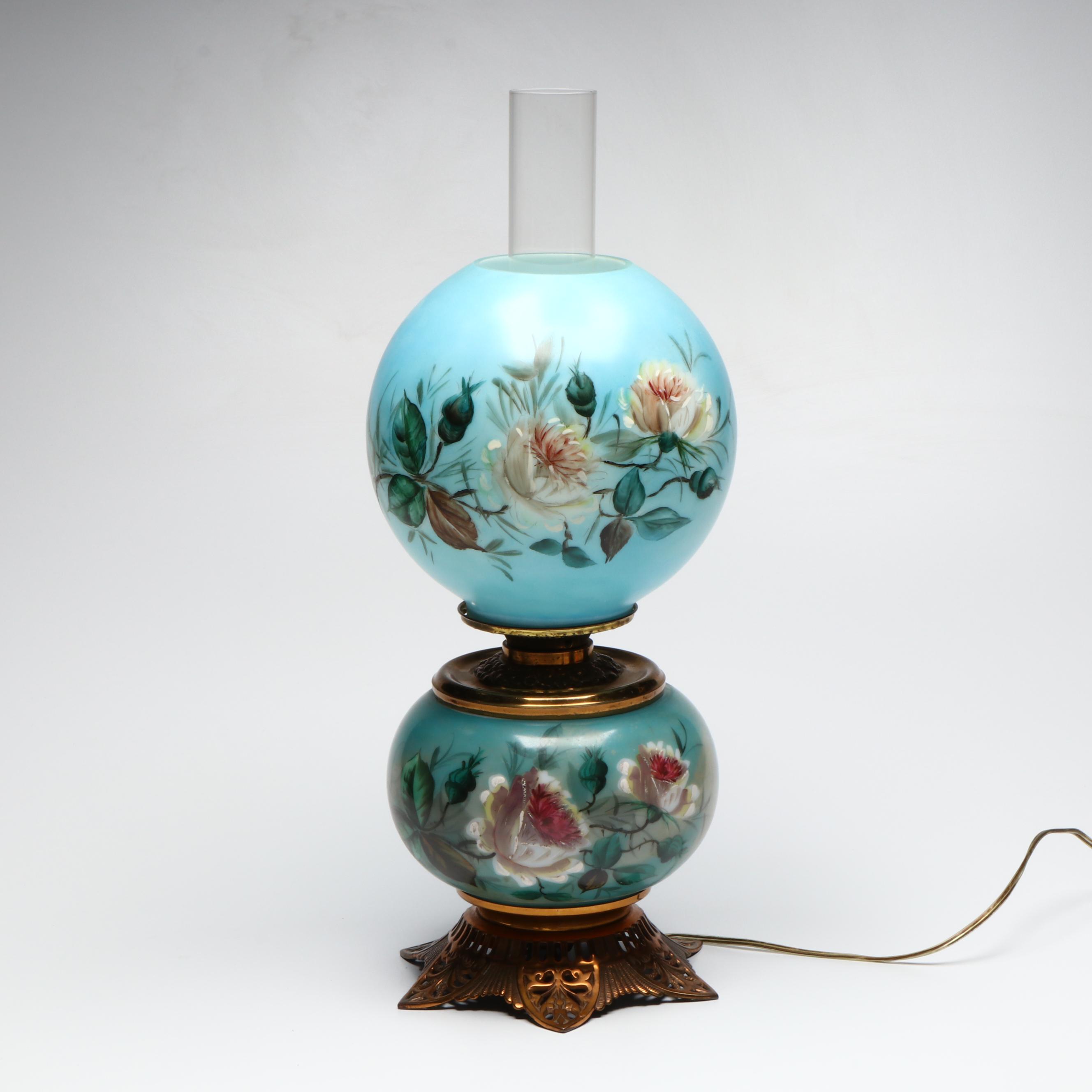 Victorian Style Hand-Painted Blue Glass Oil Lamp, Adapted Mid-20th Century