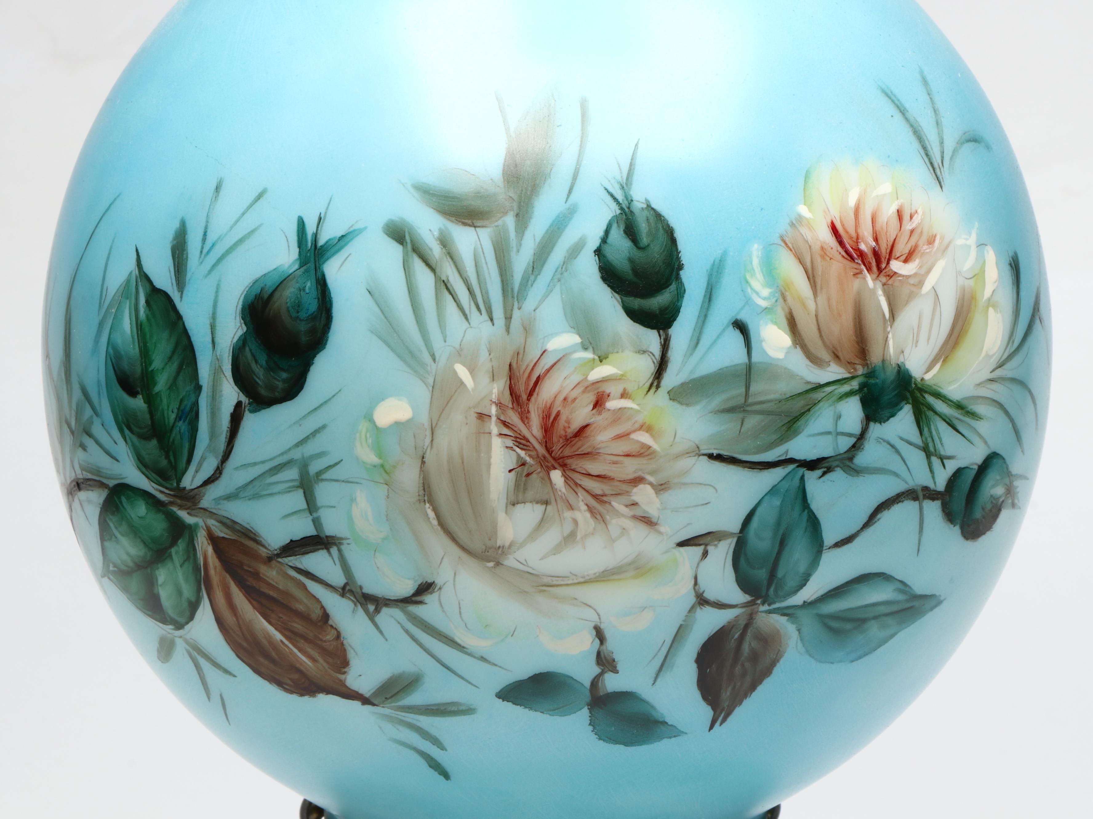 Victorian Style Hand-Painted Blue Glass Oil Lamp, Adapted Mid-20th Century
