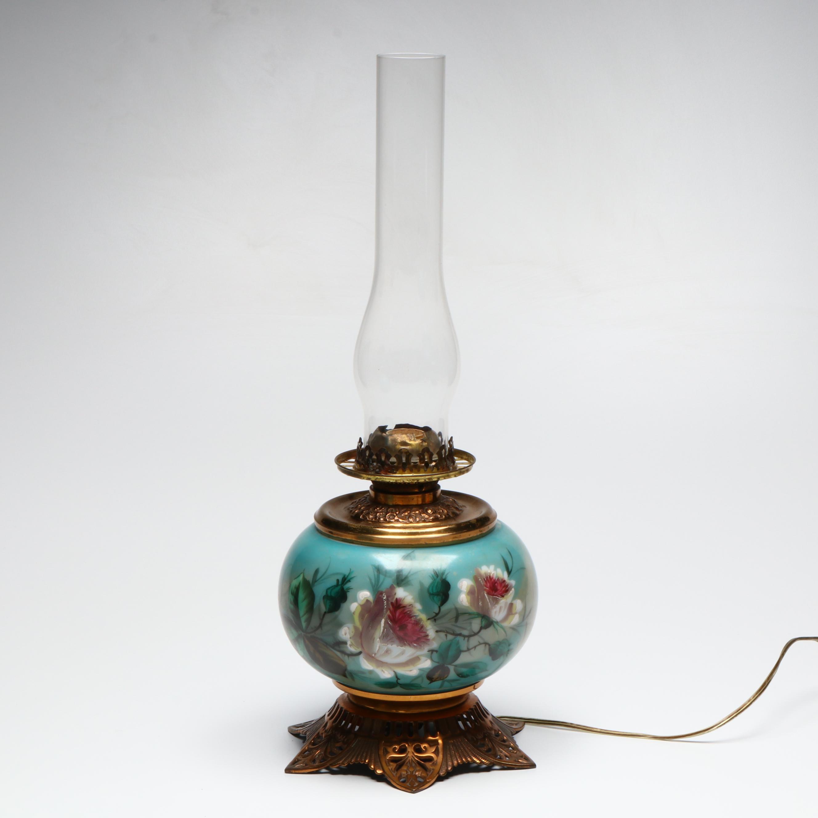 Victorian Style Hand-Painted Blue Glass Oil Lamp, Adapted Mid-20th Century