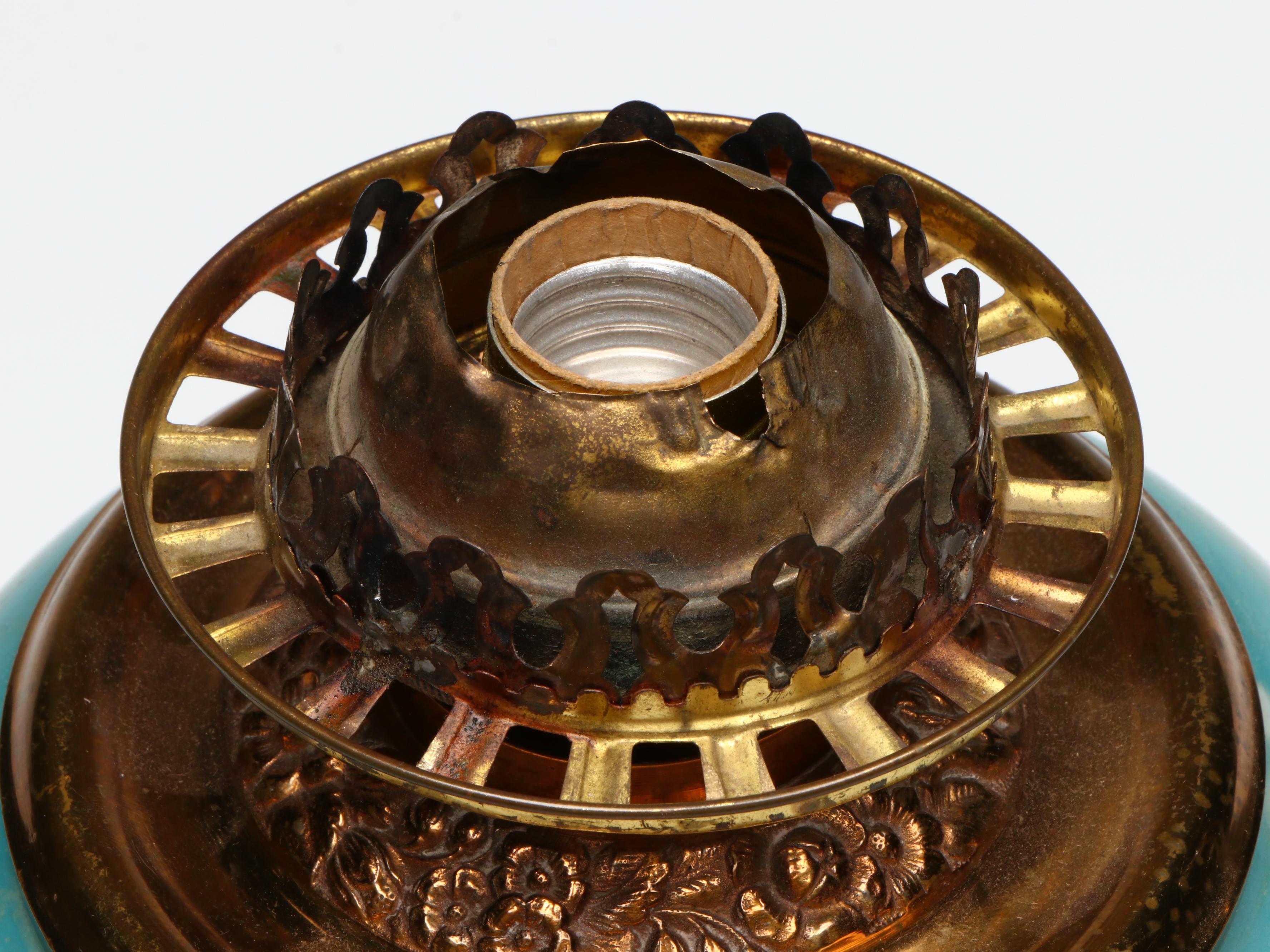 Victorian Style Hand-Painted Blue Glass Oil Lamp, Adapted Mid-20th Century