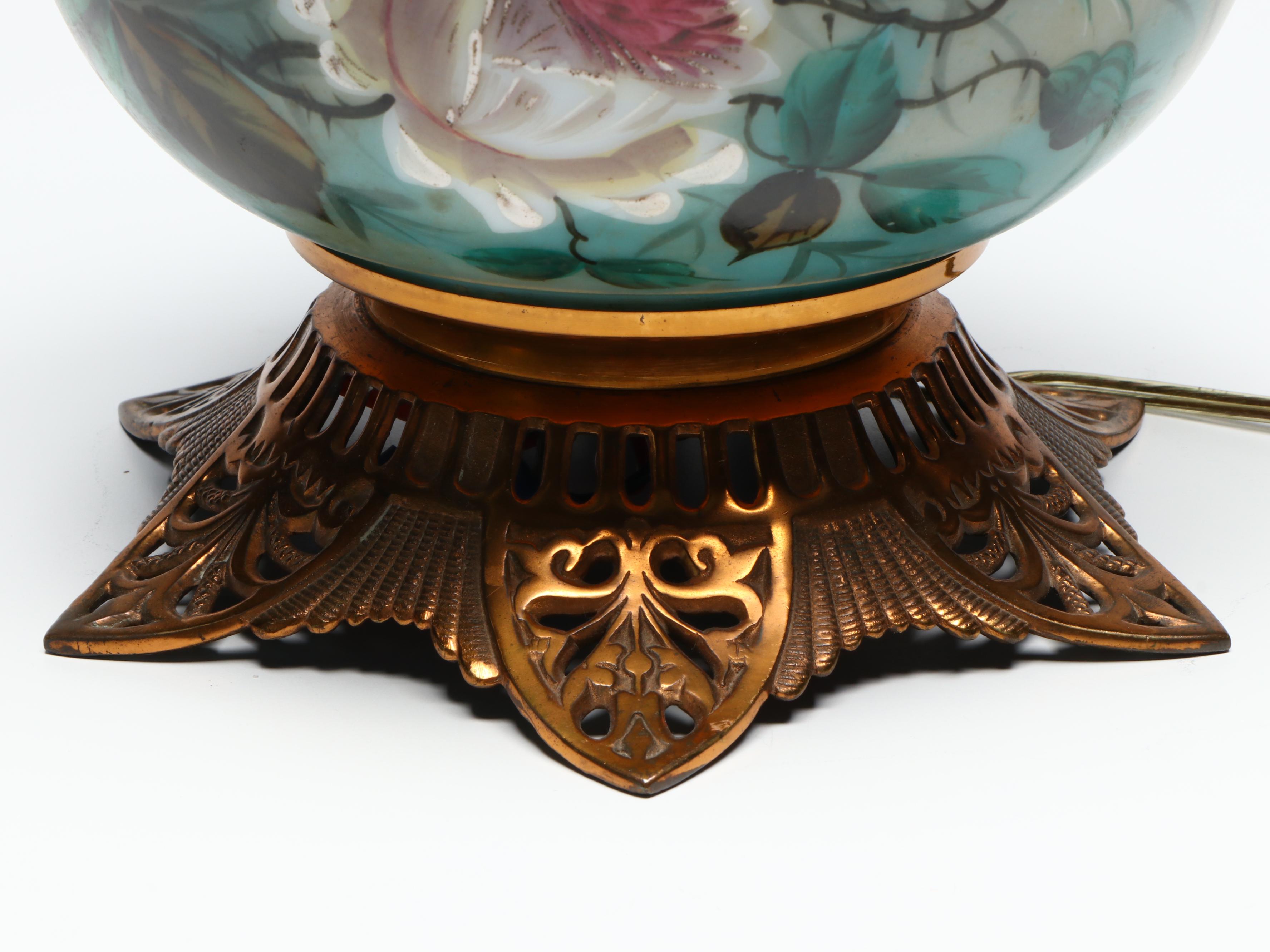 Victorian Style Hand-Painted Blue Glass Oil Lamp, Adapted Mid-20th Century