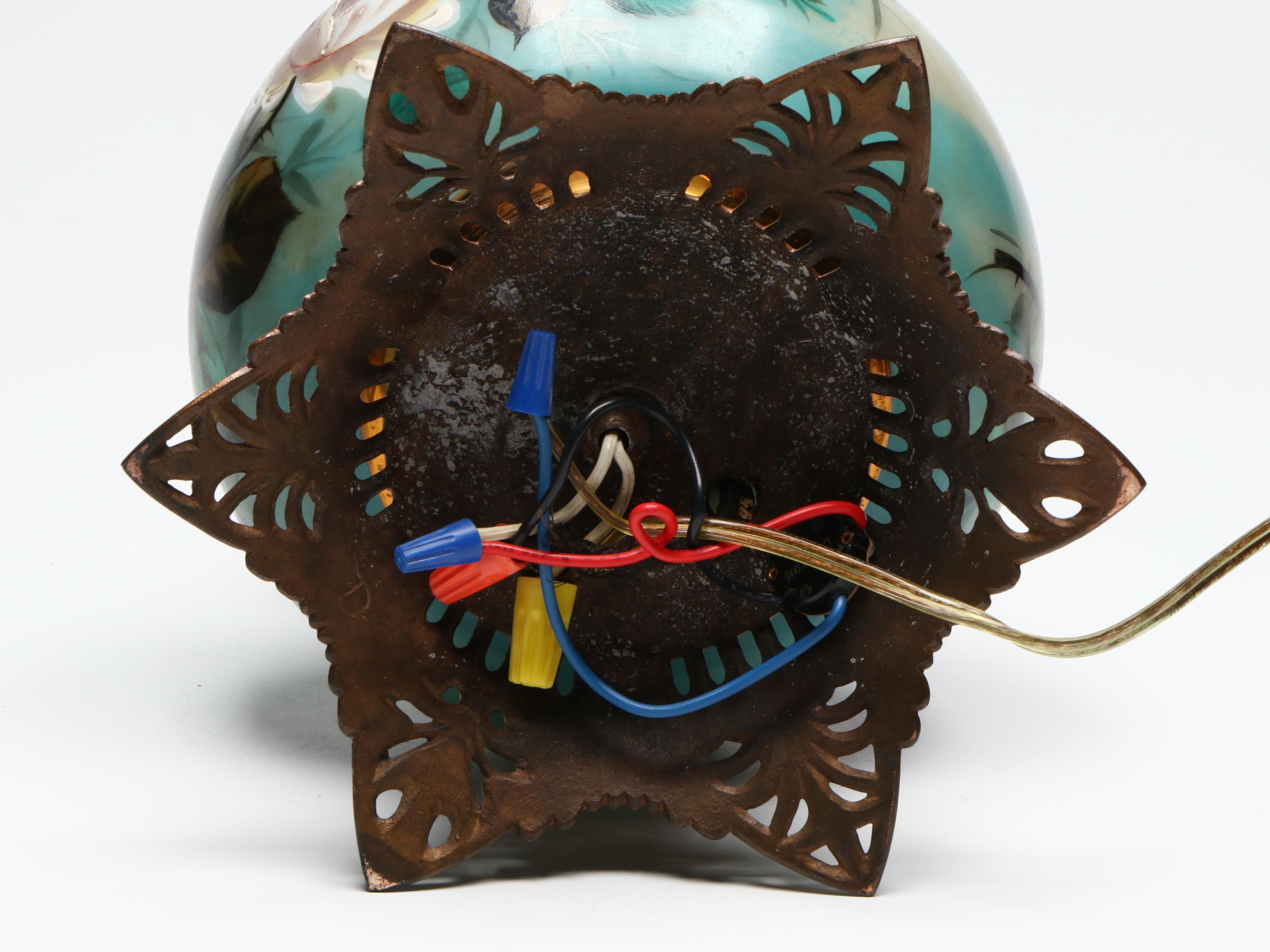 Victorian Style Hand-Painted Blue Glass Oil Lamp, Adapted Mid-20th Century