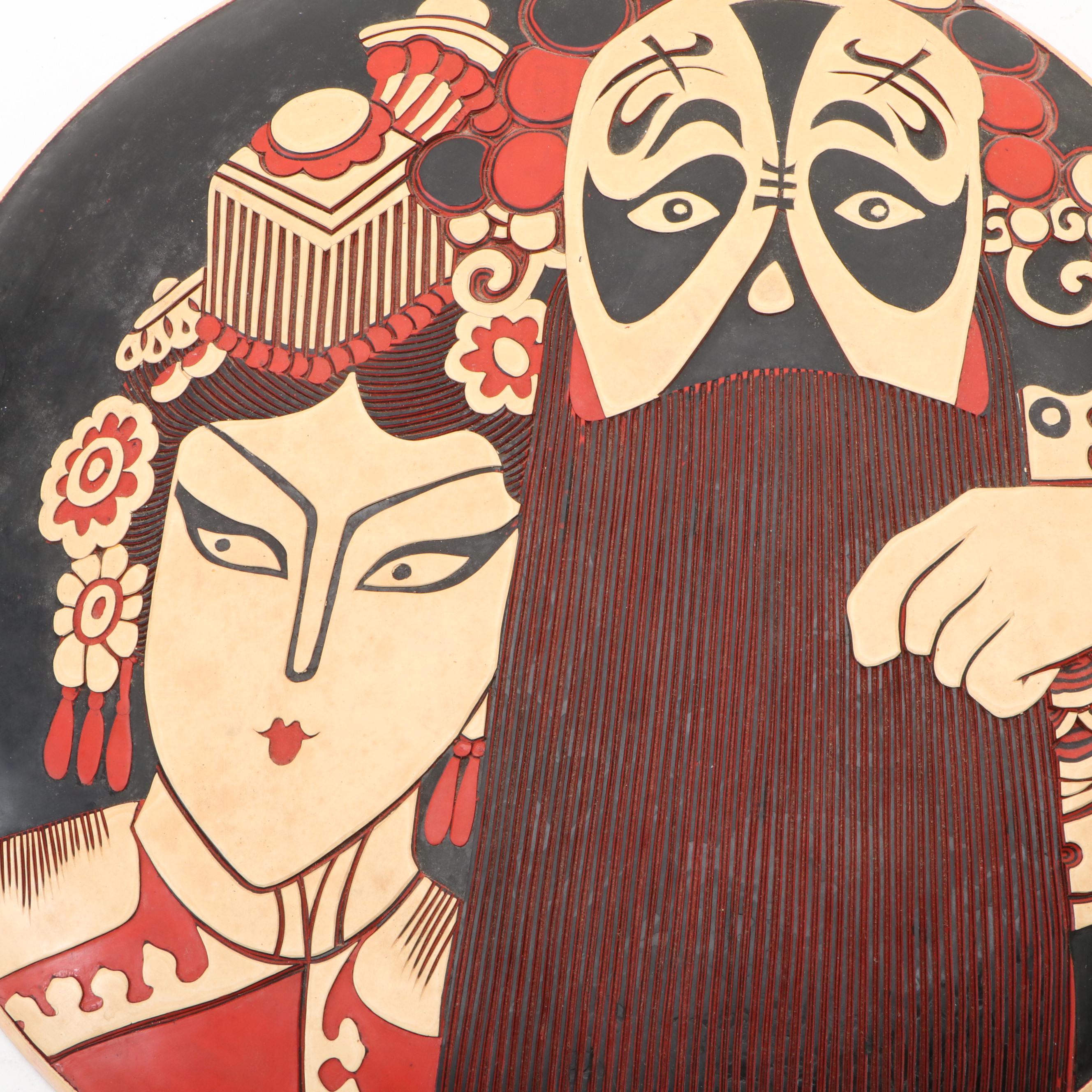 Chinese Handmade Wood Nuo Mask and Beijing Opera Scene Lacquerware Plates