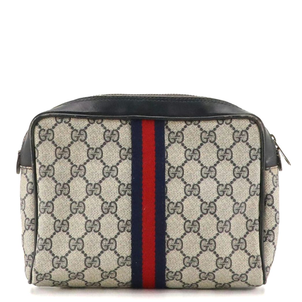 Gucci Parfums Vintage Web Striped Zip Pouch in GG Supreme Canvas & Navy Leather
