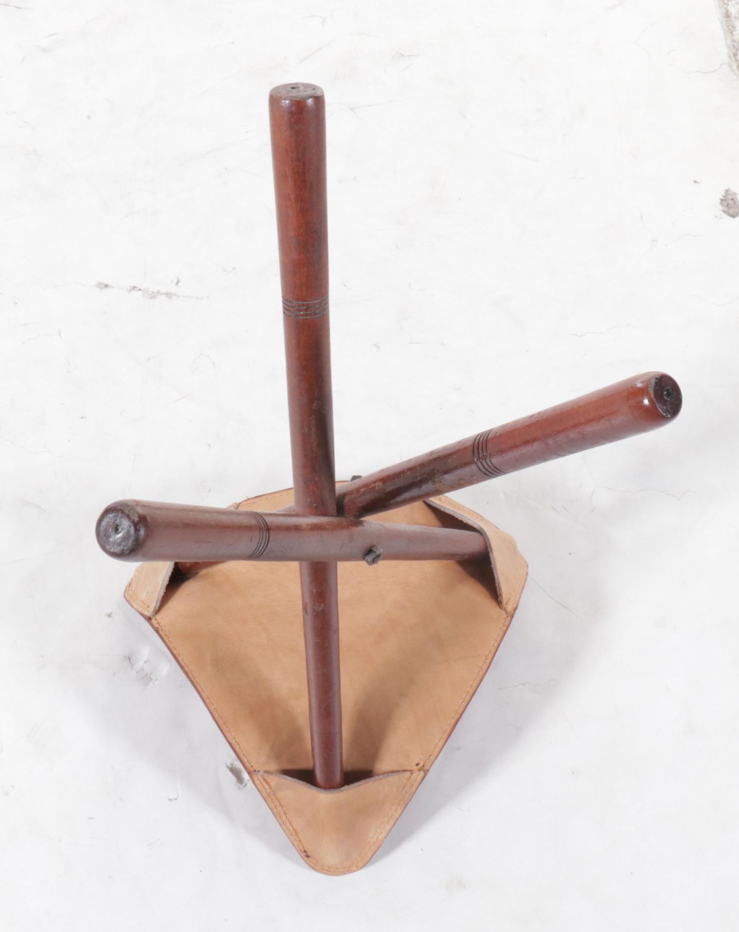 Wood Tripod Stool with African Continent and Wildlife Embossed Leather Seat