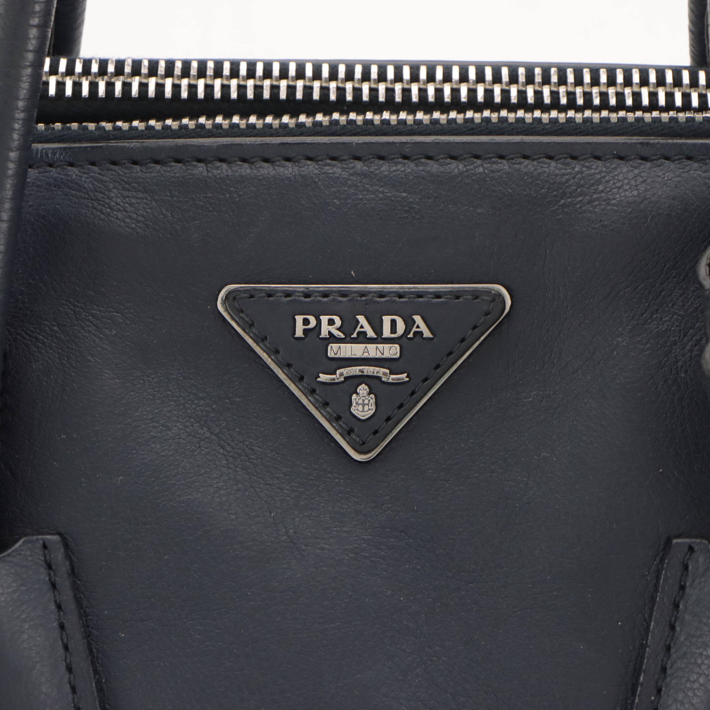 Prada Blue Glace Calfskin Leather Double Twin Pocket Two-Way Tote Bag
