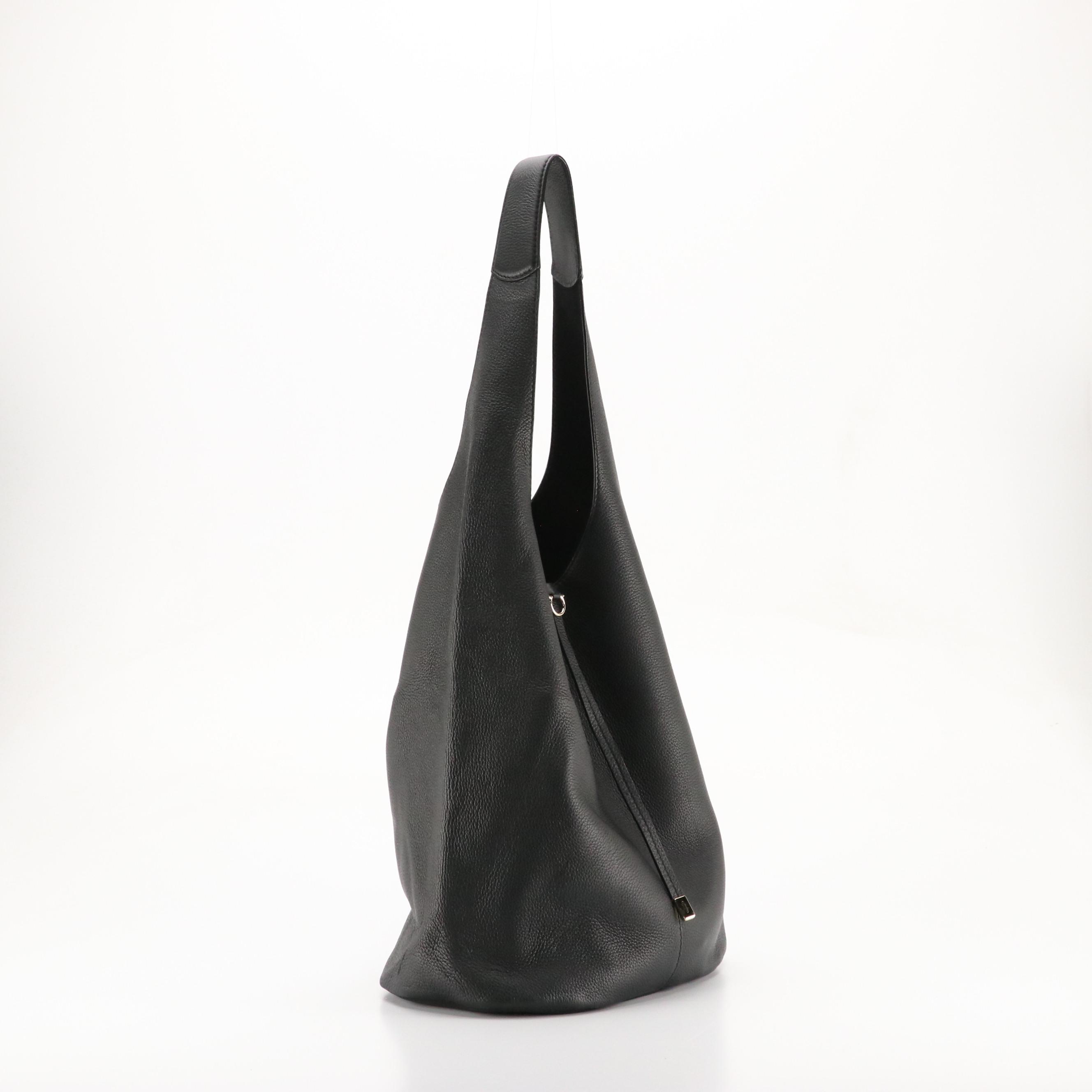 Salvatore Ferragamo Black Calfskin Grain Leather Slouchy Hobo Bag with Zip Pouch