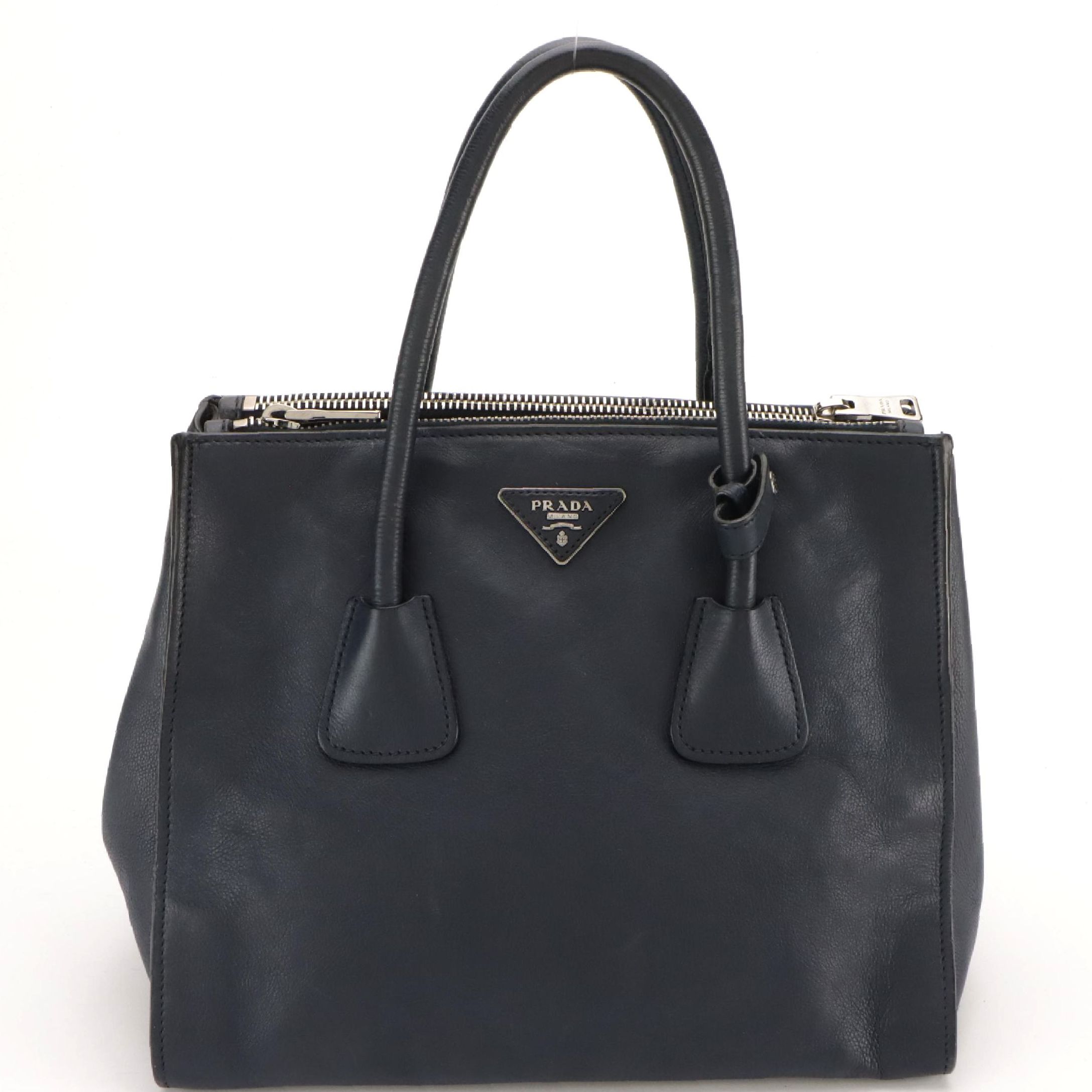 Prada Blue Glace Calfskin Leather Double Twin Pocket Two-Way Tote Bag