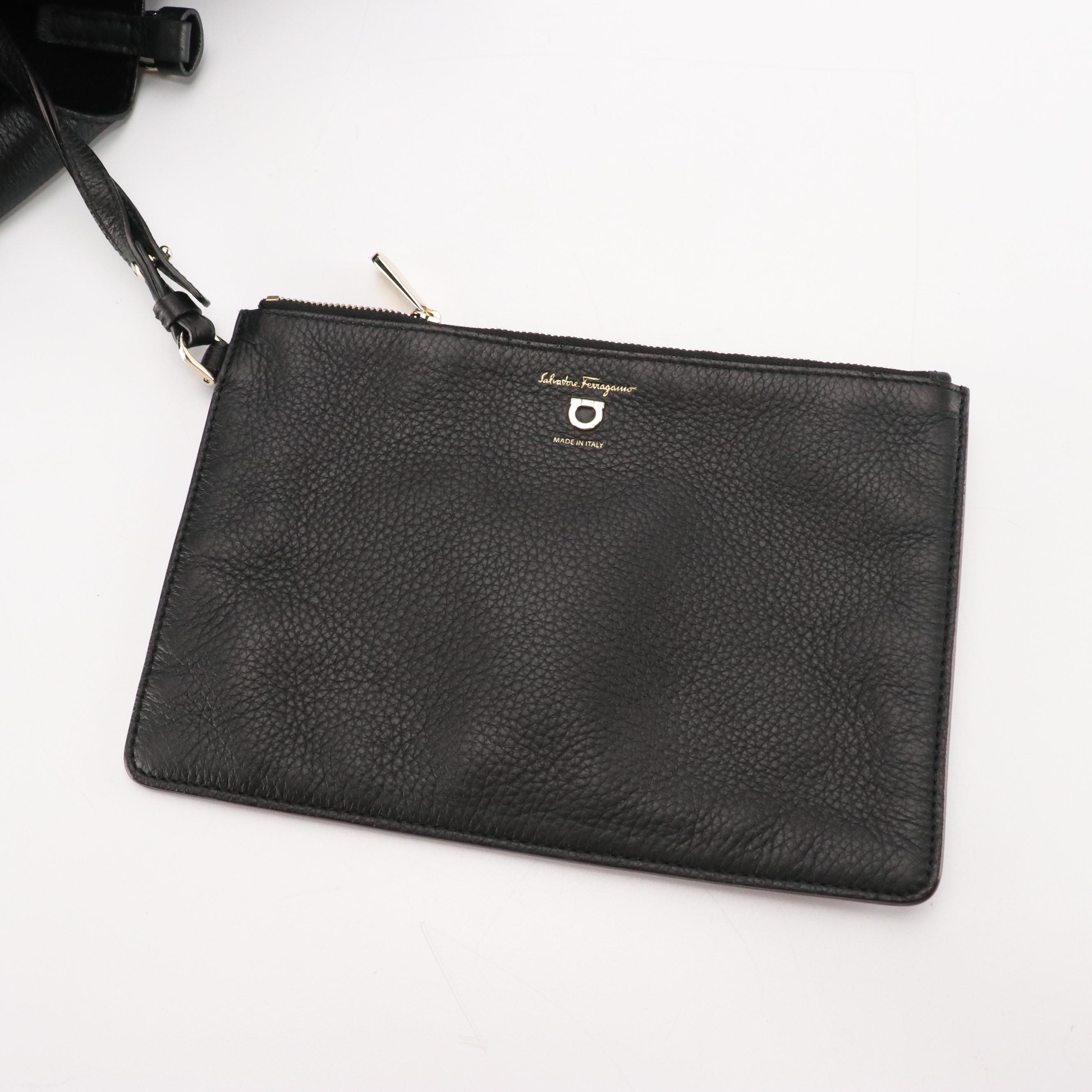 Salvatore Ferragamo Black Calfskin Grain Leather Slouchy Hobo Bag with Zip Pouch