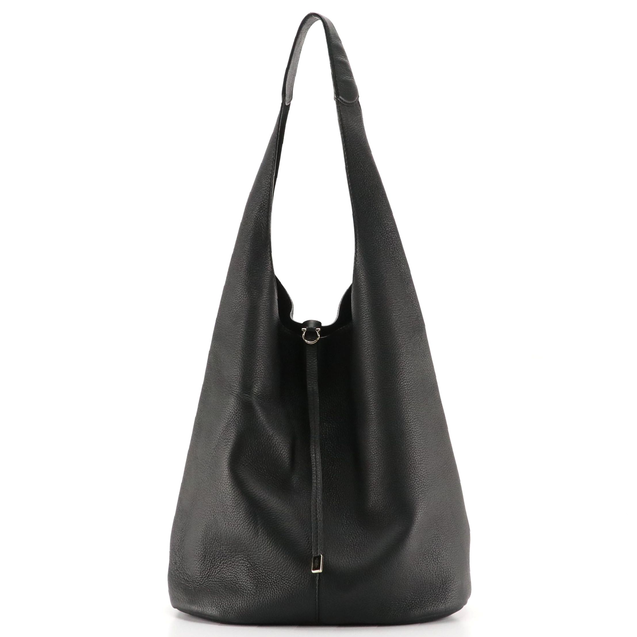 Salvatore Ferragamo Black Calfskin Grain Leather Slouchy Hobo Bag with Zip Pouch