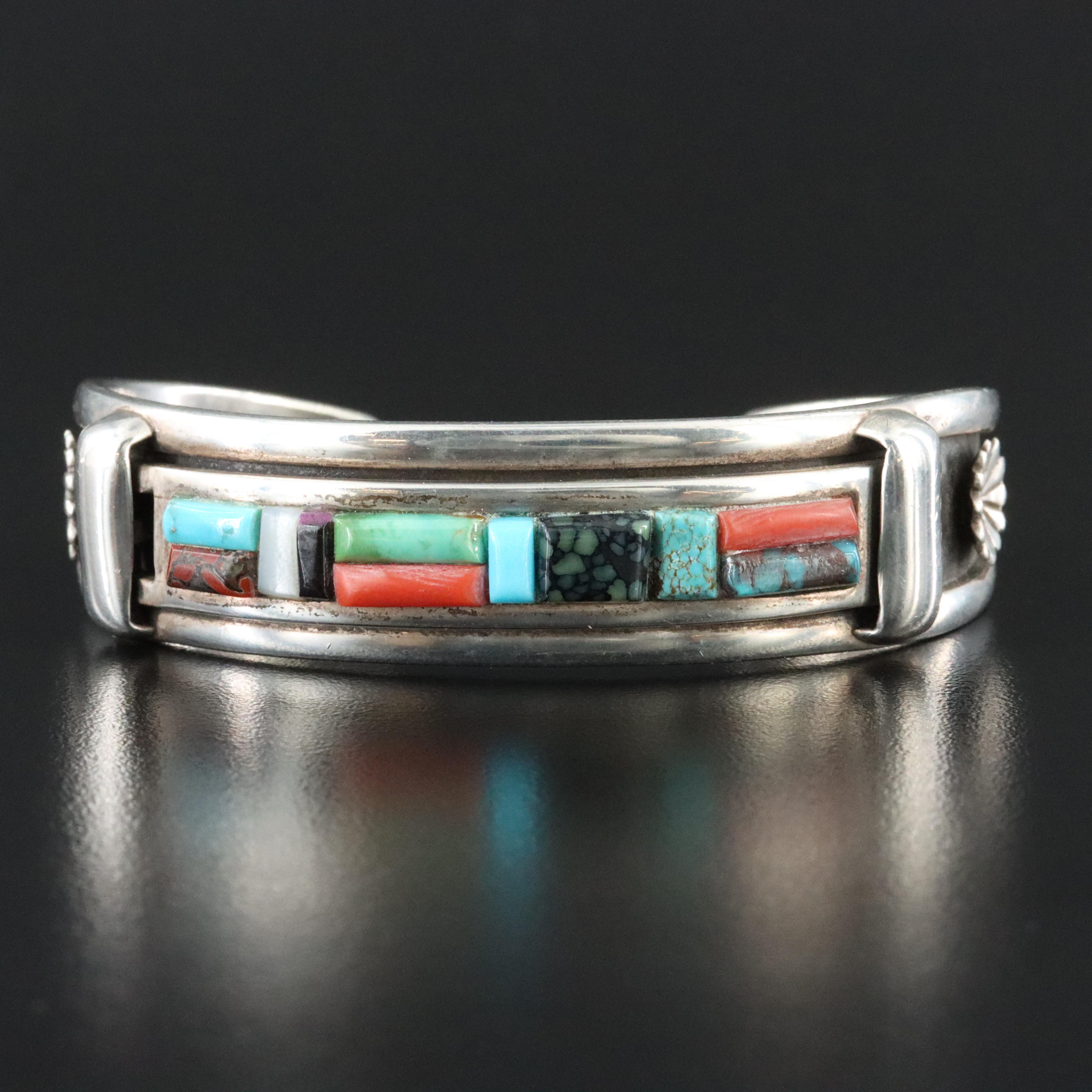 Raymond Twinhorse San Felipe Pueblo Sterling Gemstone Cuff Bracelet