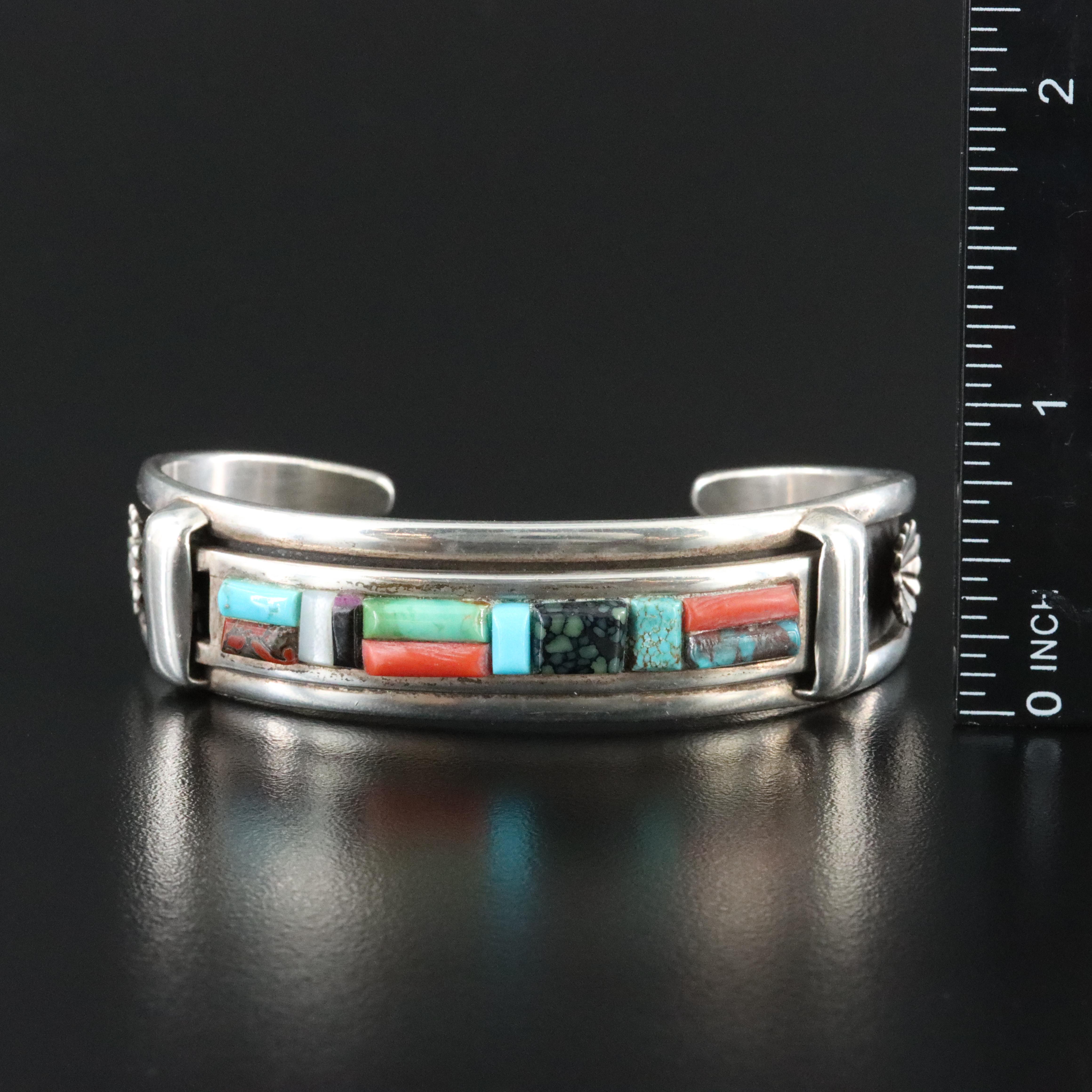 Raymond Twinhorse San Felipe Pueblo Sterling Gemstone Cuff Bracelet