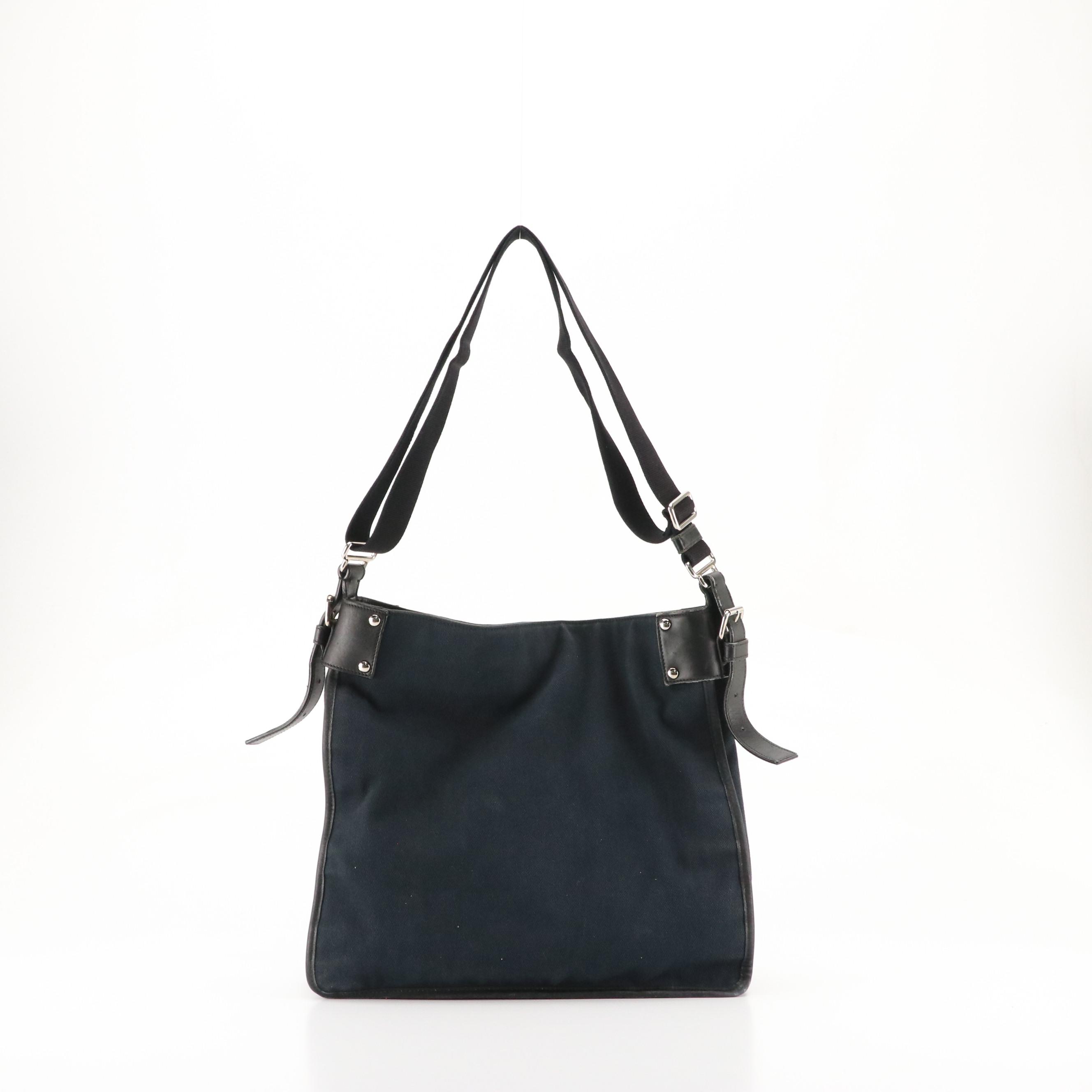 Yves Saint Laurent Velour Logo Messenger Tote in Black Canvas and Leather Trim