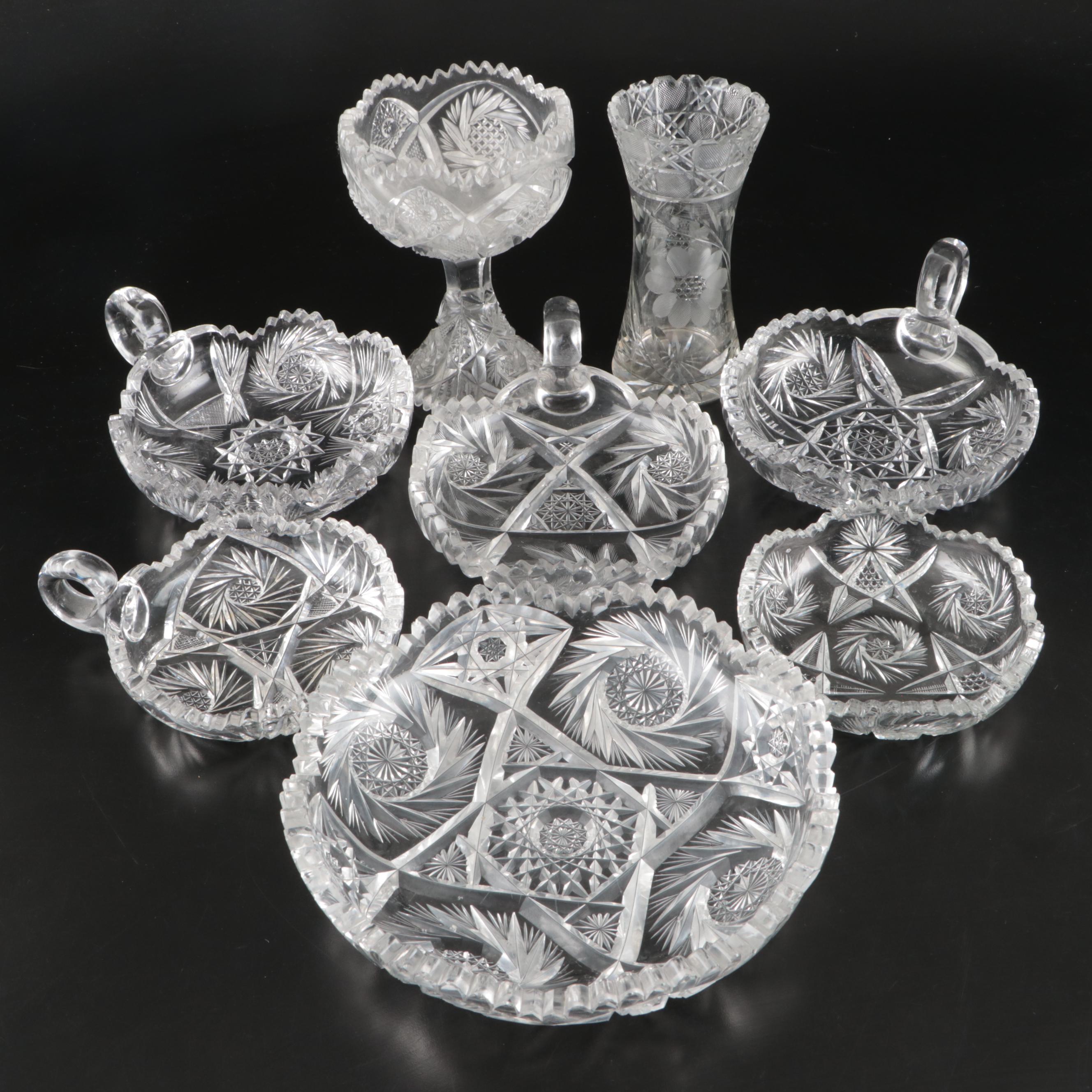 Nucut Footed Bowl with American Brilliant Style Nappy Bowls and Other Tableware