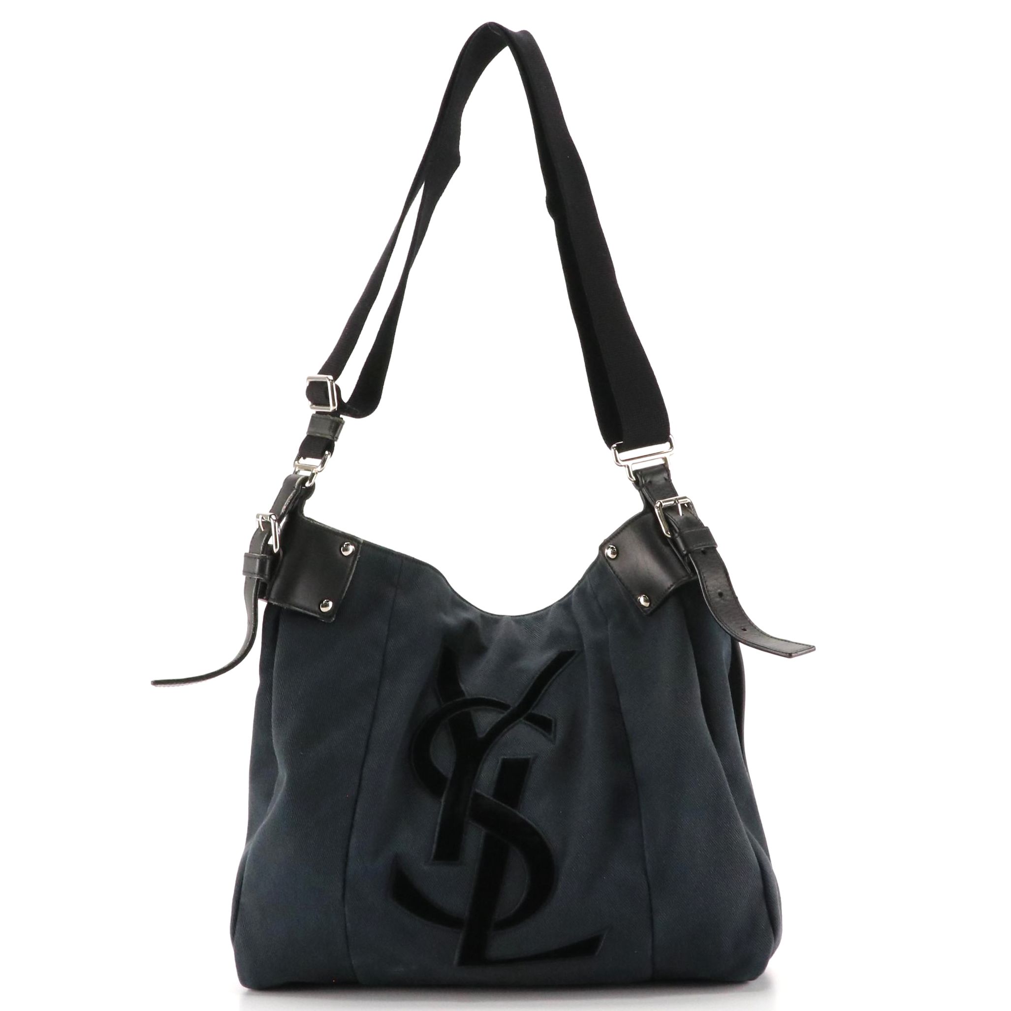 Yves Saint Laurent Velour Logo Messenger Tote in Black Canvas and Leather Trim