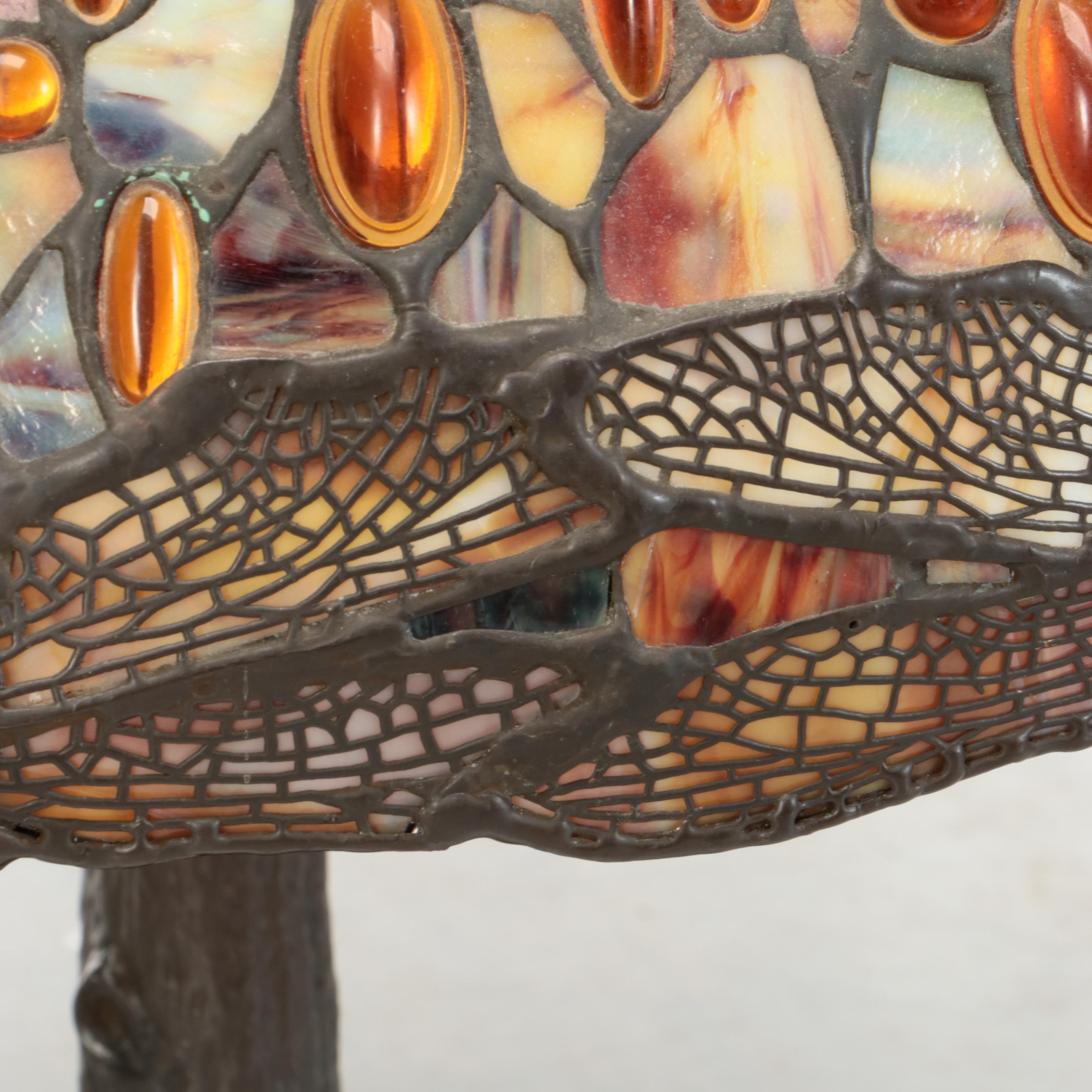 Dale Tiffany Art Nouveau Style Tree Trunk Lamp with Dragonfly Slag Glass Shade