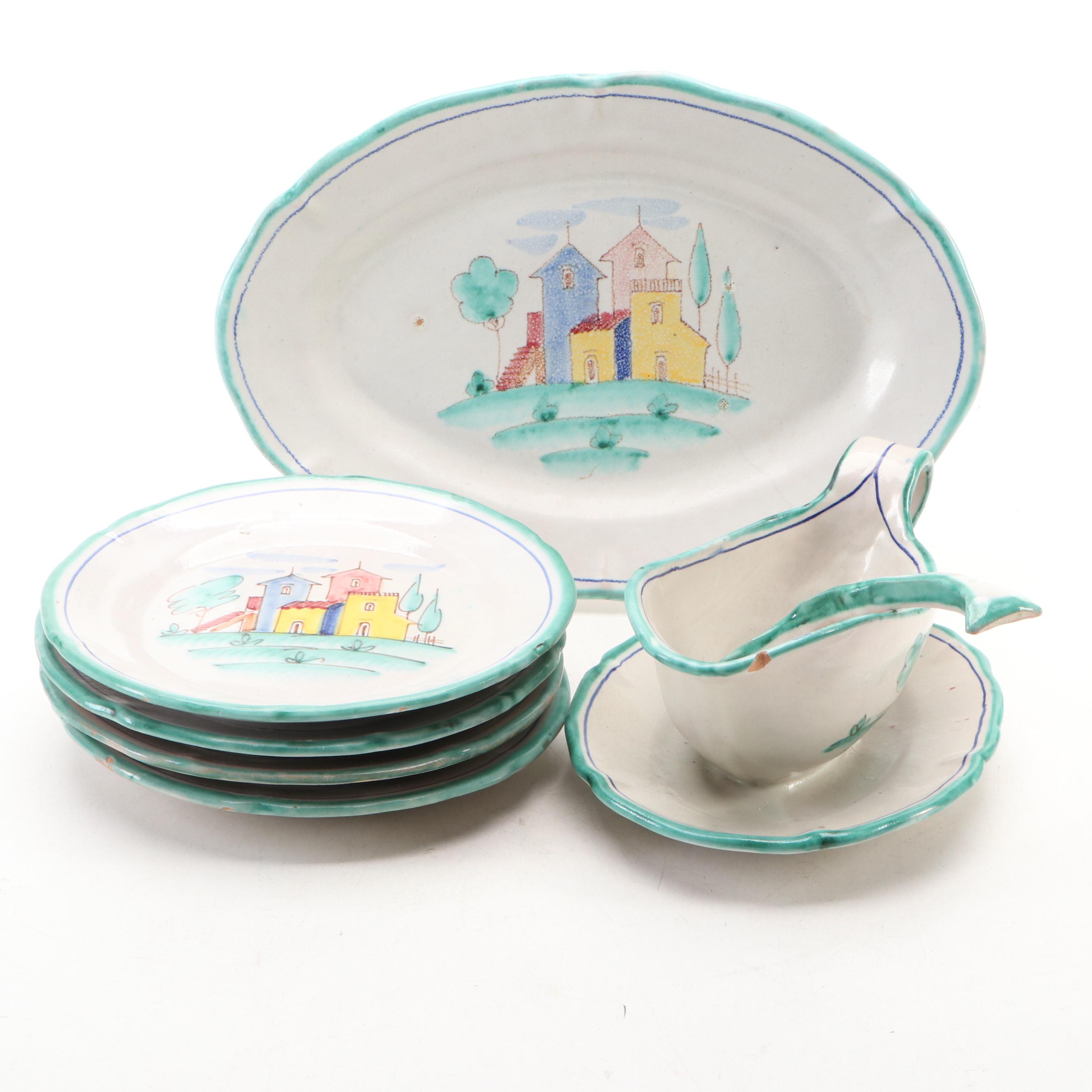 Vietri Italian Hand-Painted Ceramic Plates and Oval Serving Plate, Early 20th C.