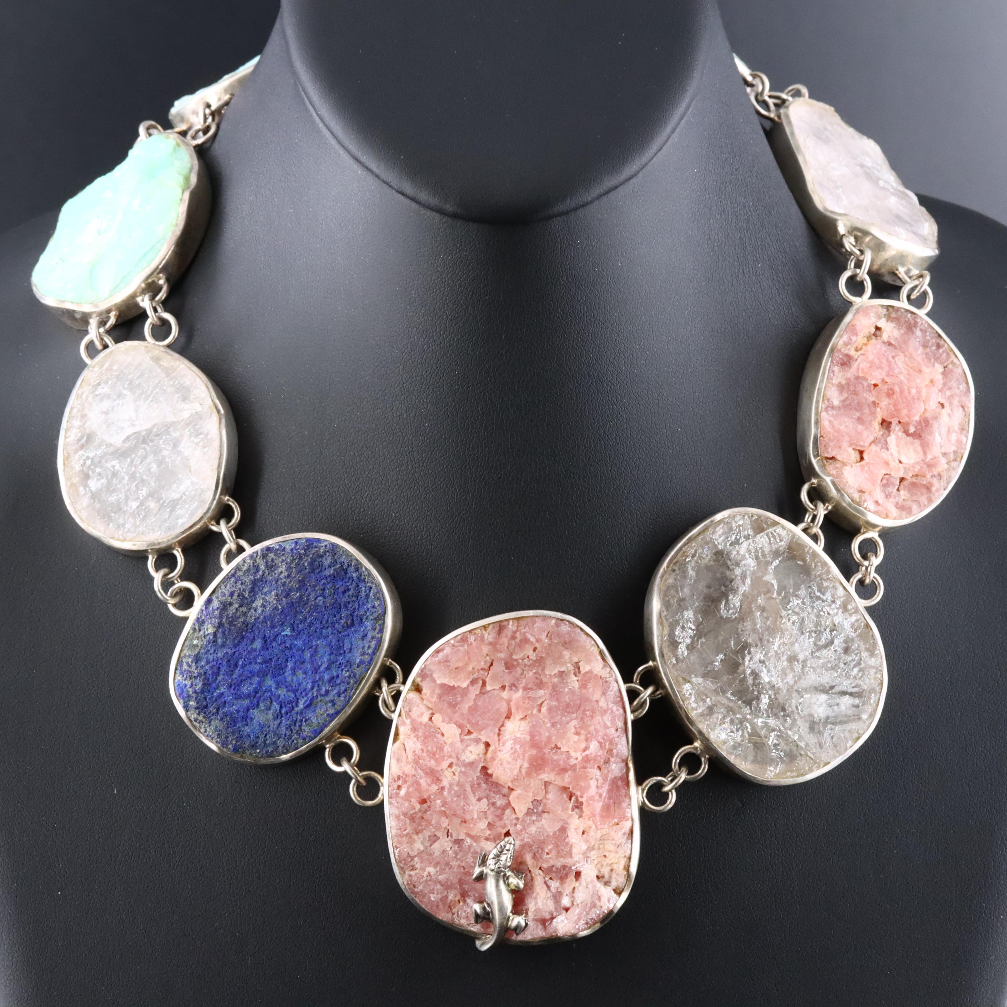 Sterling Gemstone Link Necklace with Lizard Accent