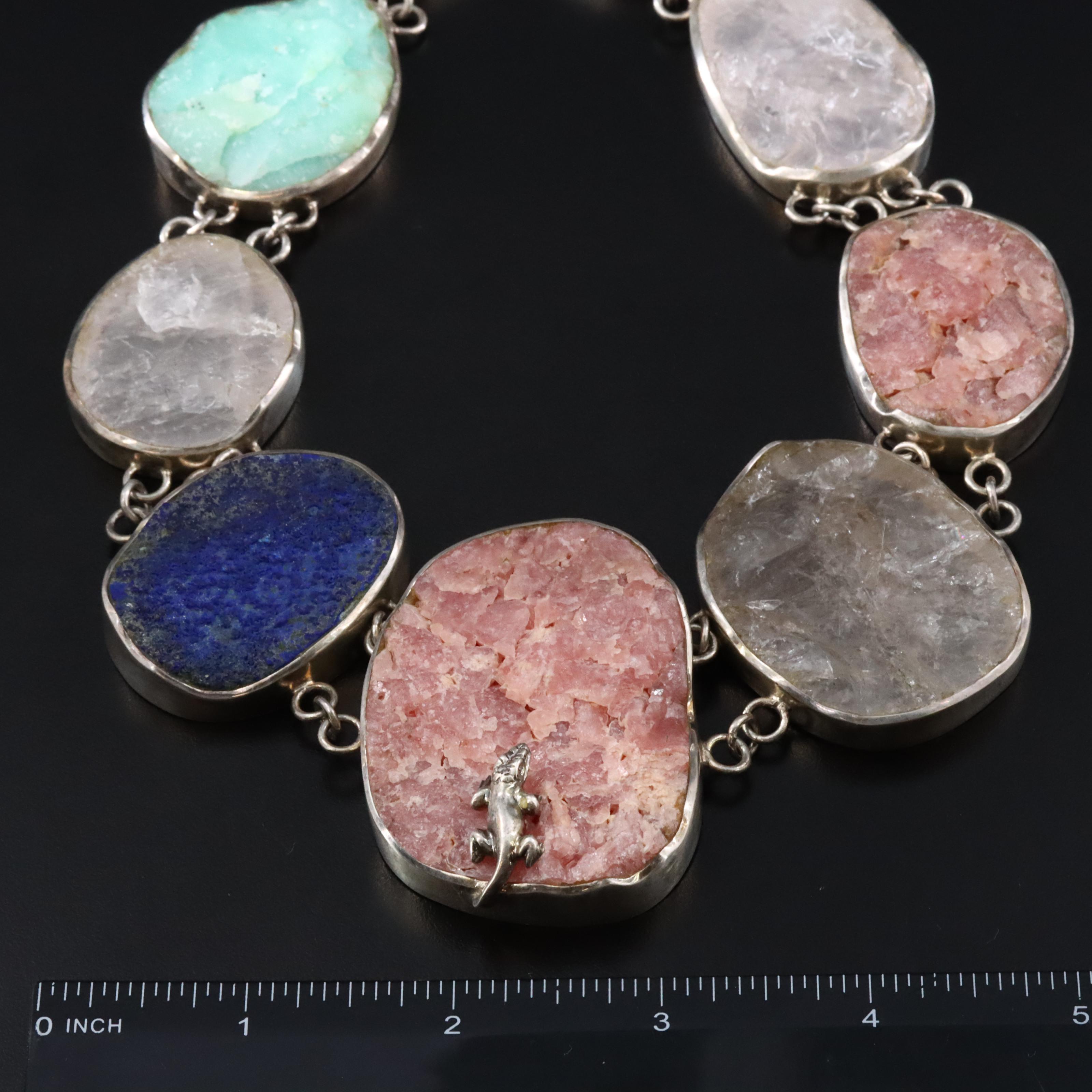 Sterling Gemstone Link Necklace with Lizard Accent