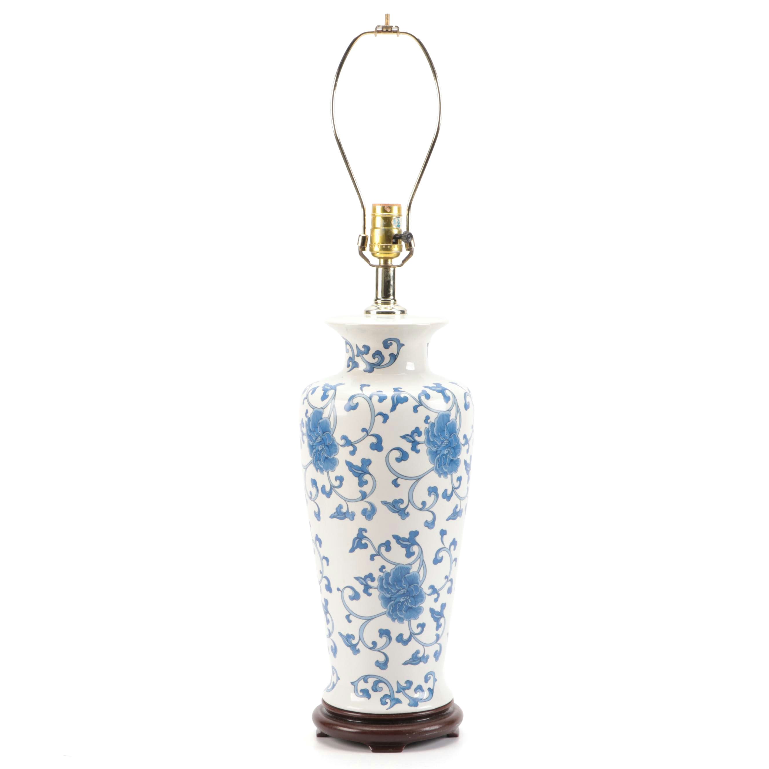 Chinese Blue and White Ceramic Peony and Vine Table Lamp