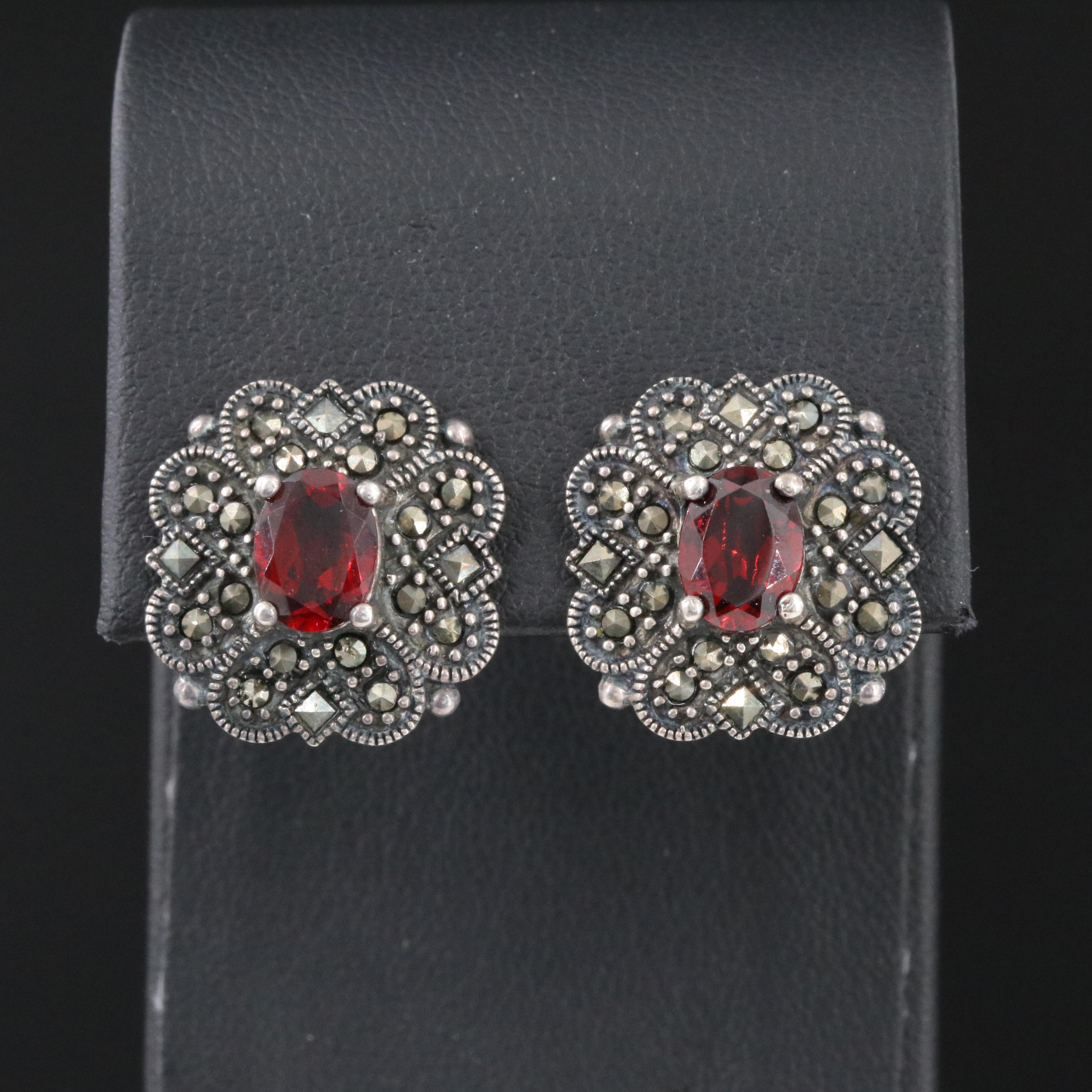 Sterling Garnet and Marcasite Drop Earrings