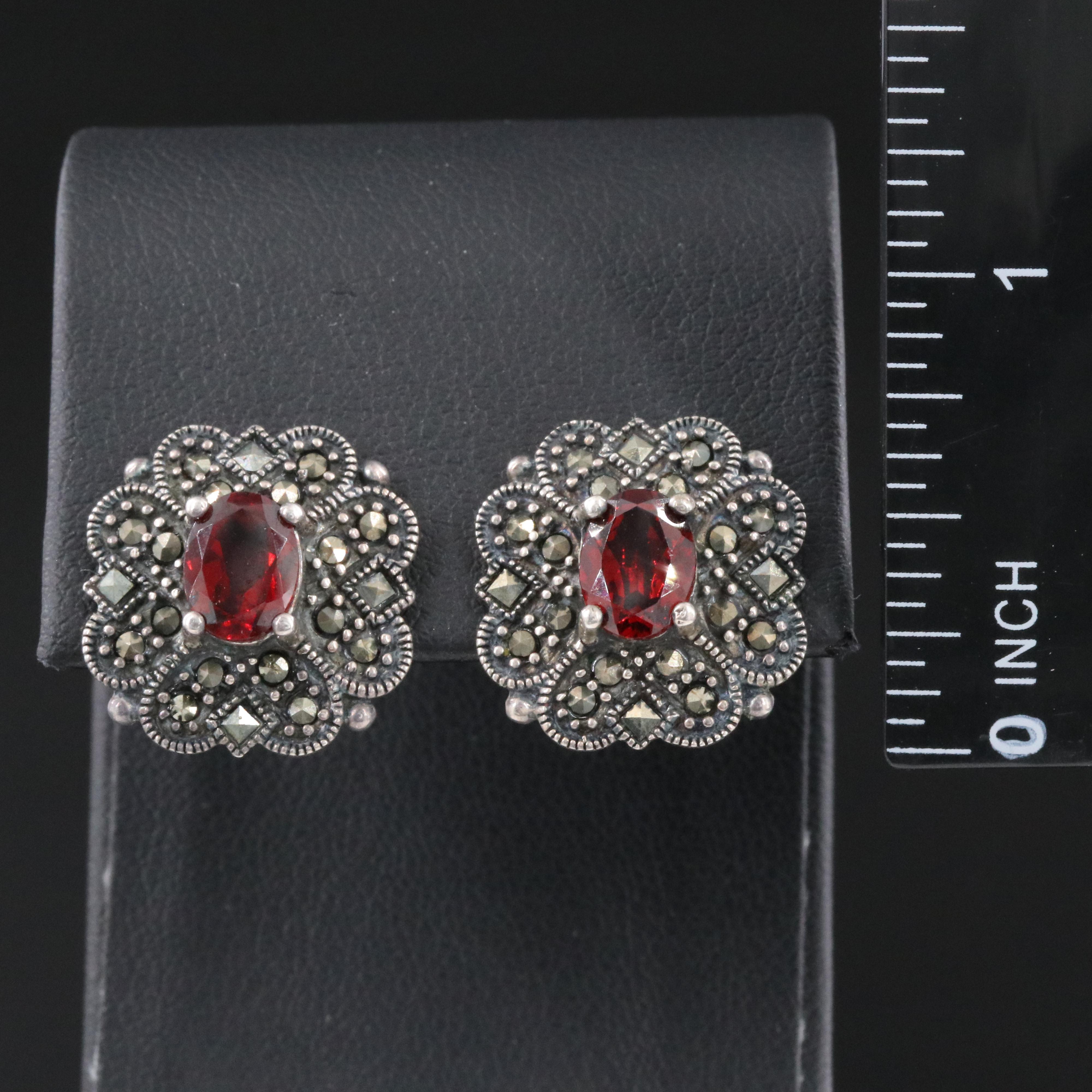 Sterling Garnet and Marcasite Drop Earrings