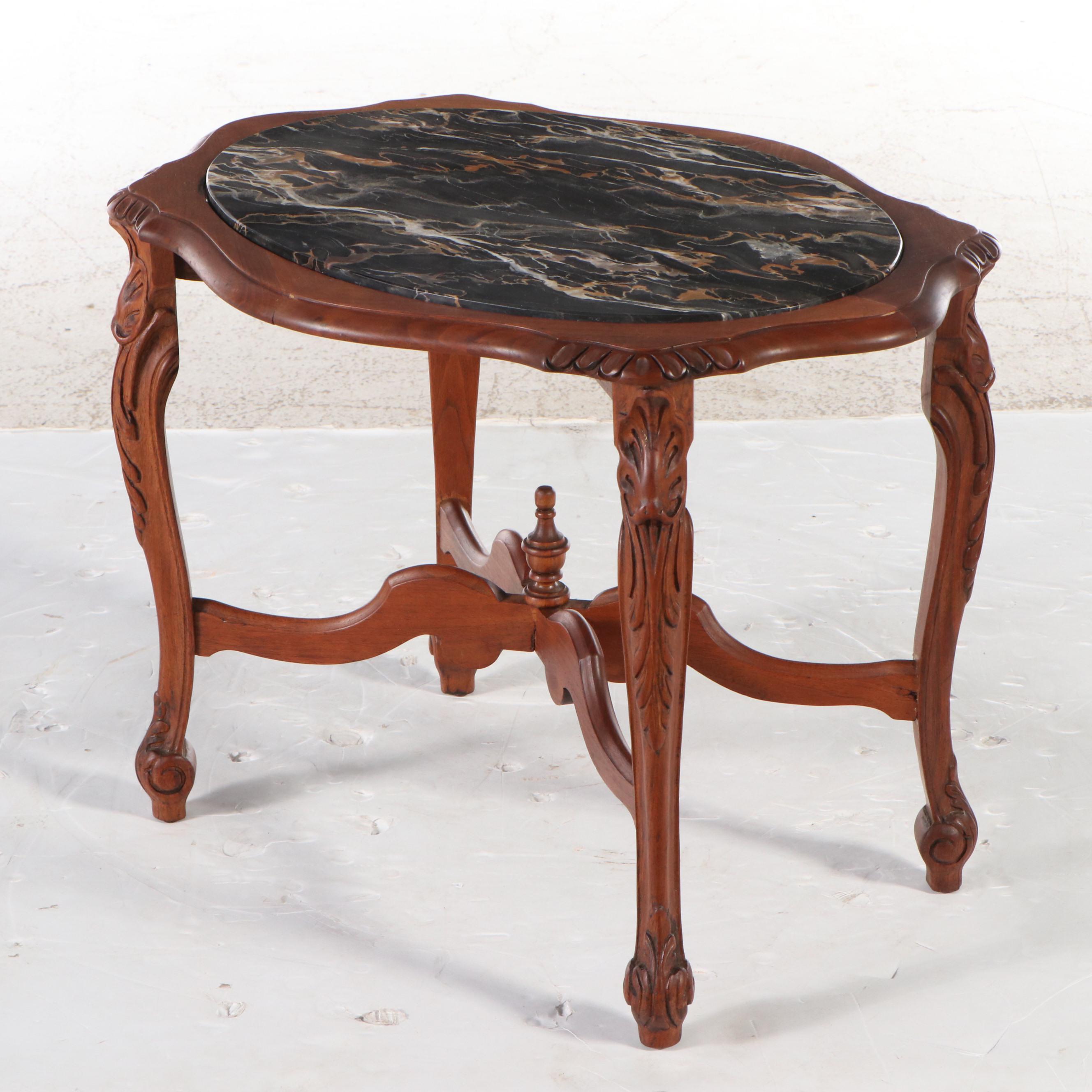 Carved Walnut Accent Table with Black Marble Top
